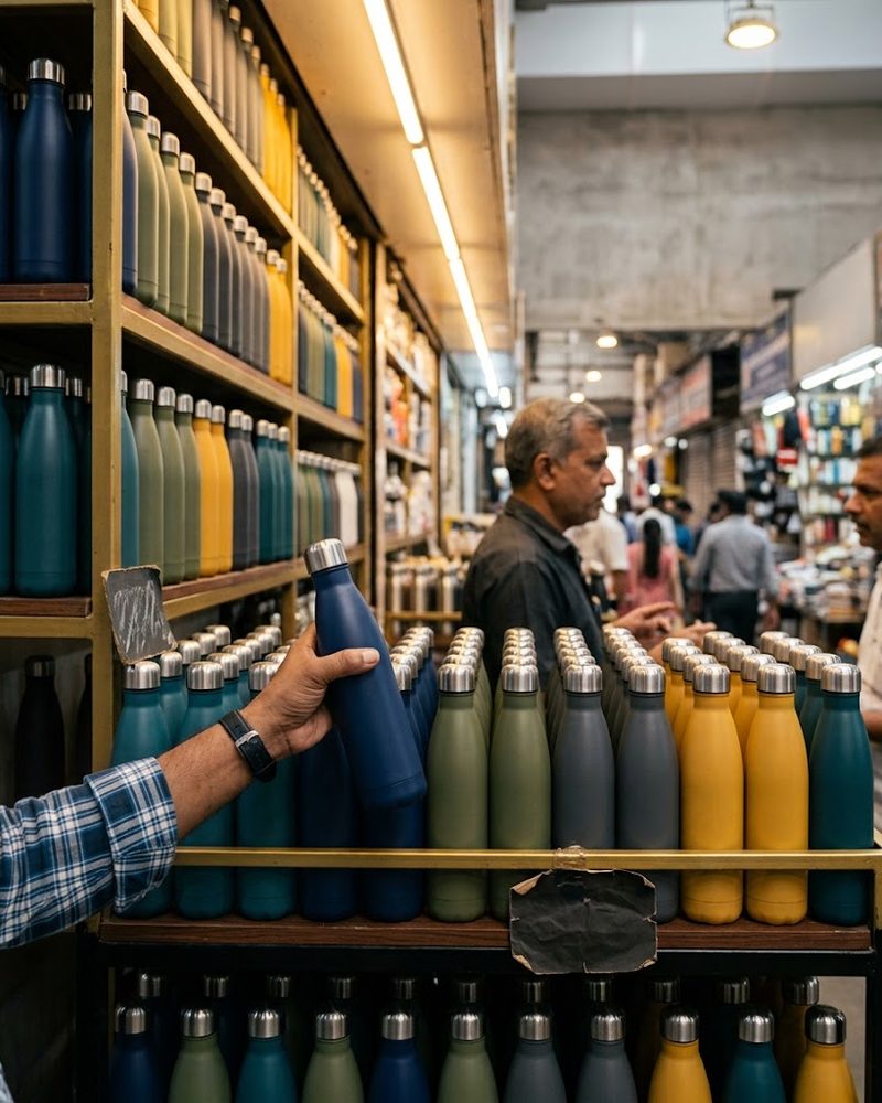 Wholesale stall with insulated bottles displayed in person