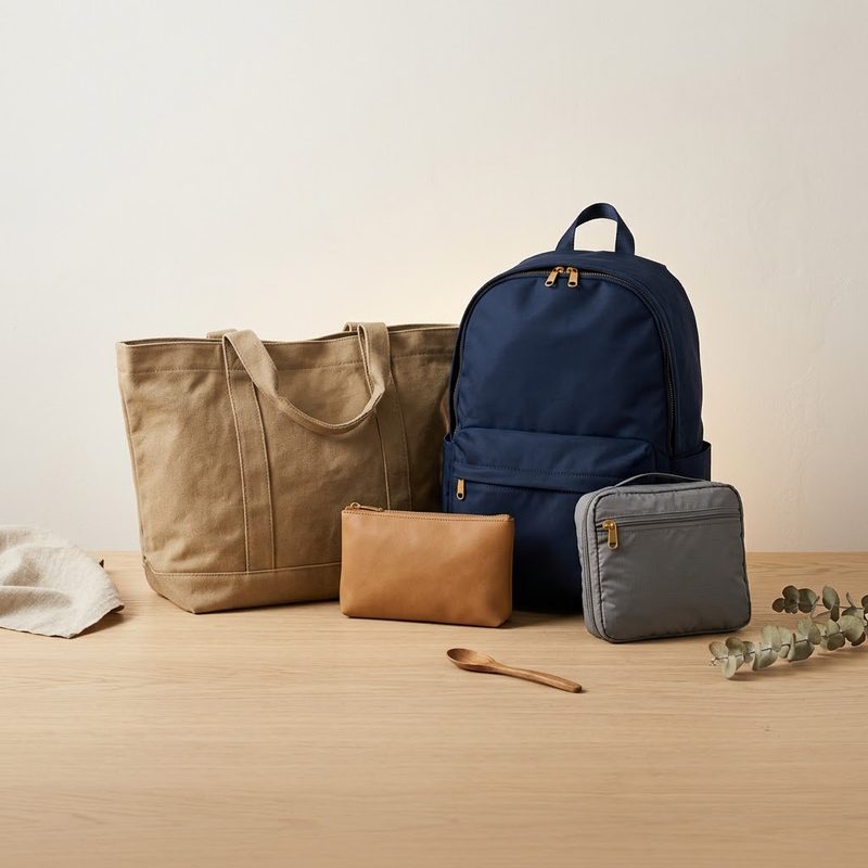 Bags and travel accessories arranged as a still life