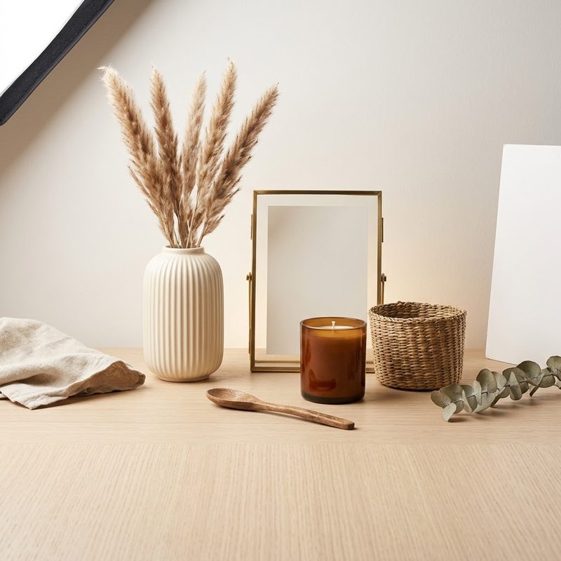 Home decor and gift items arranged as a still life