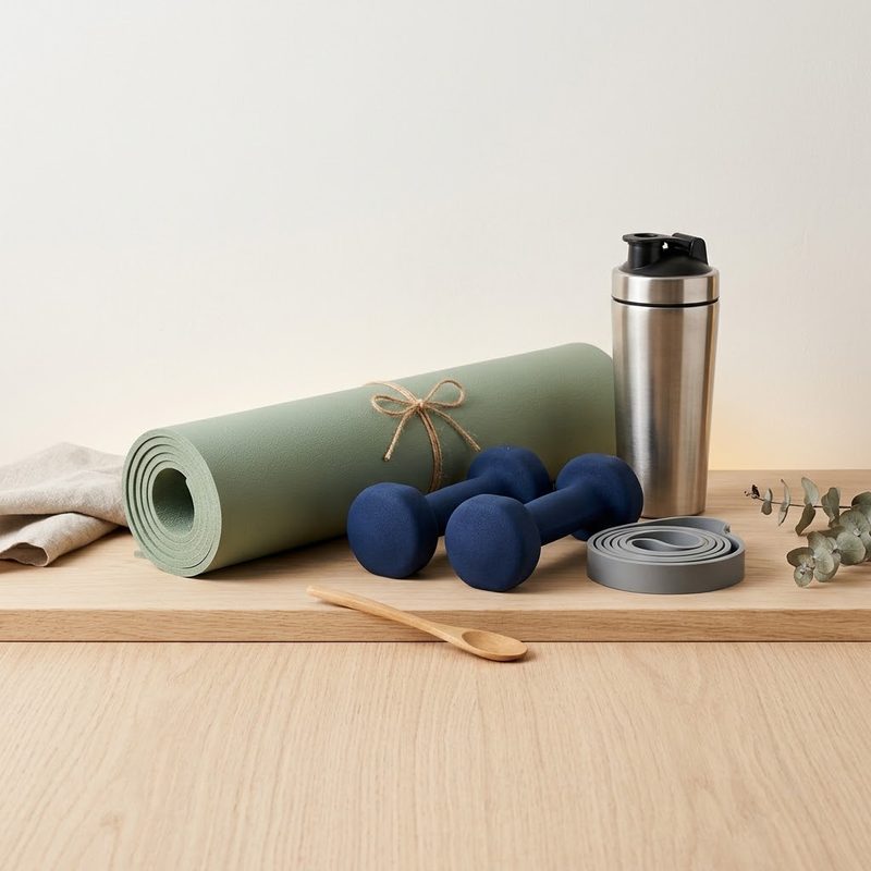 Fitness and outdoor products arranged as a still life
