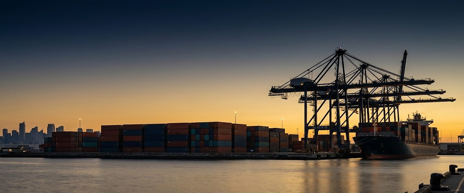 Container port at dusk with cranes and stacked containers