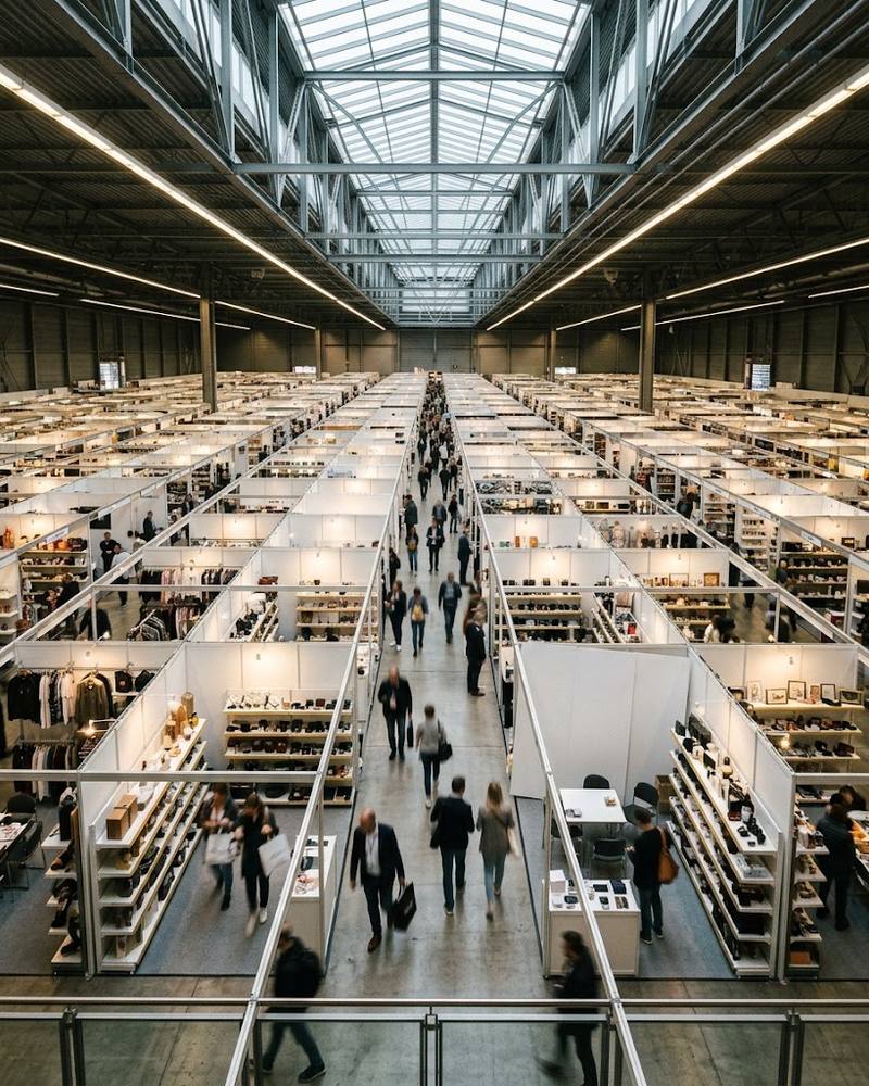 Vast international trade-fair exhibition hall with rows of booths