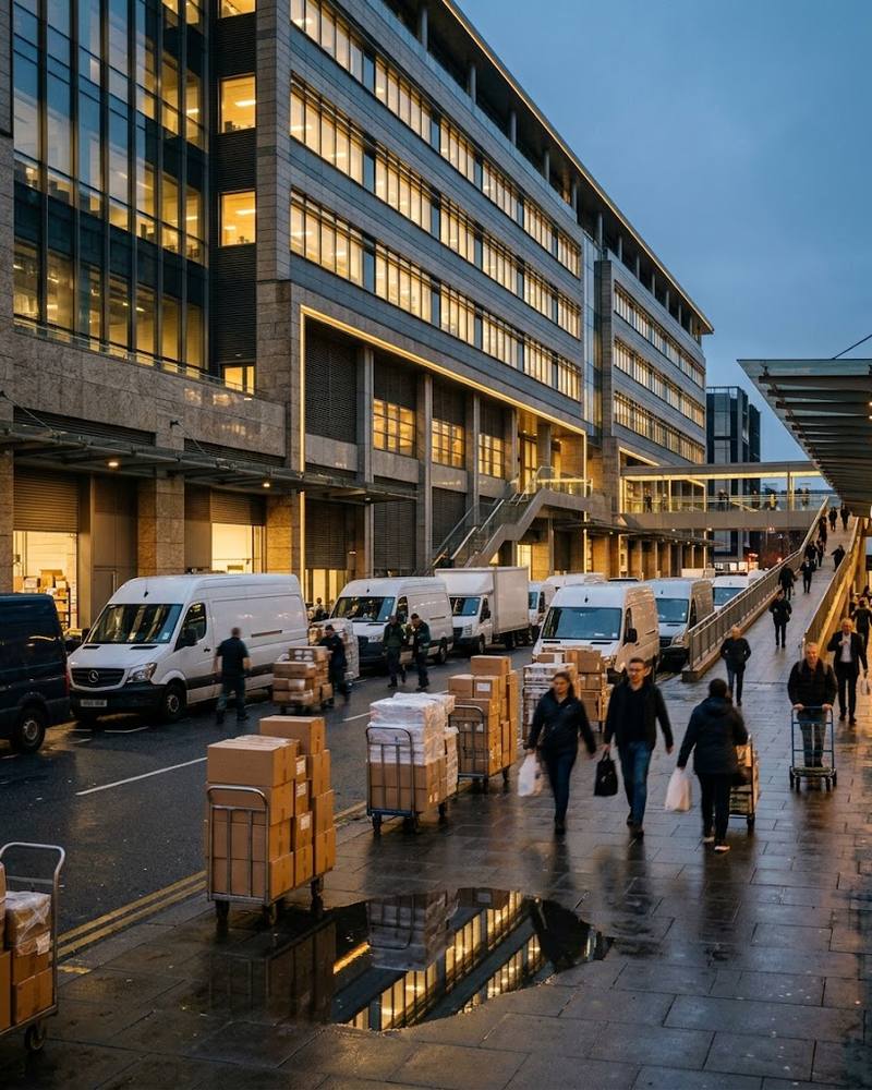 Exterior of a large wholesale market building at early evening