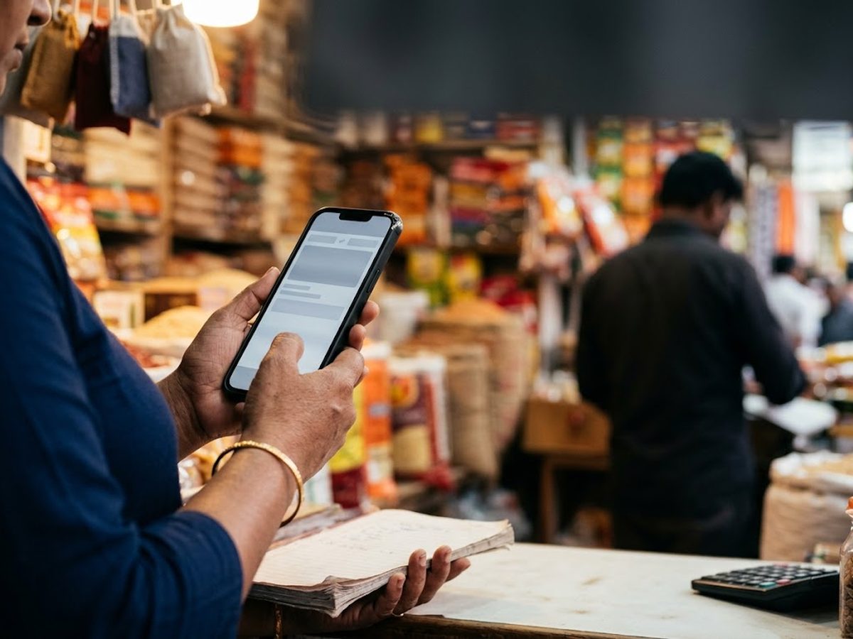 Seller's hands holding a phone with a translation screen in front of a wholesale stall