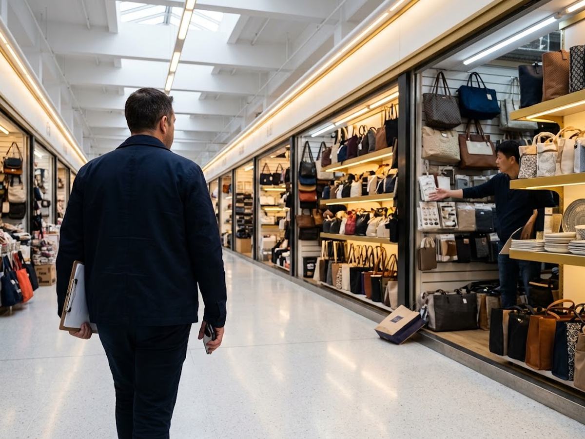 Sourcing agent walking a wholesale market aisle with a clipboard