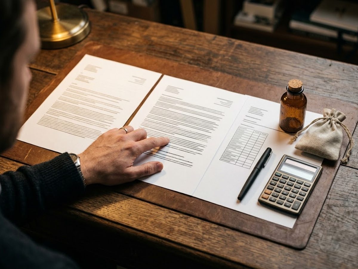 Seller comparing printed quotations and product samples at a desk