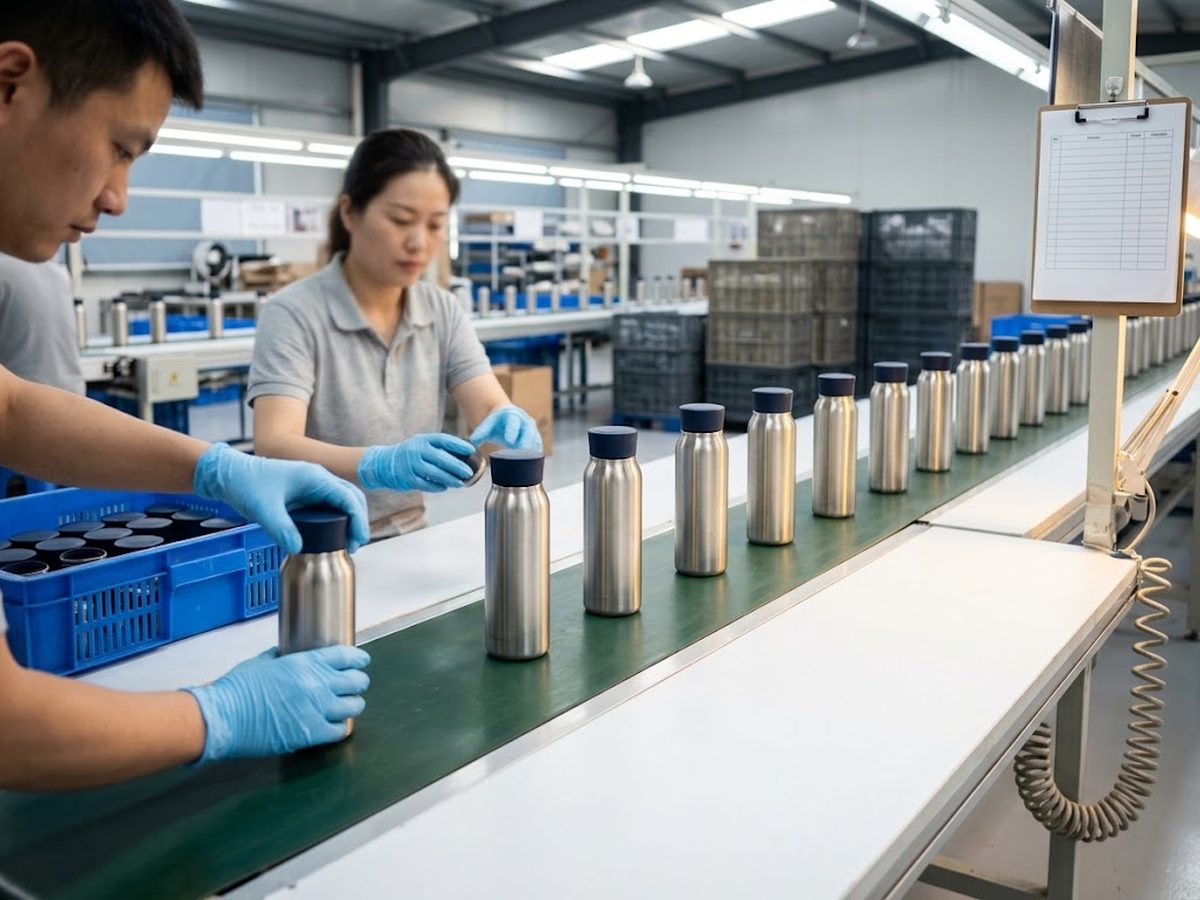 Workers' hands assembling products on a factory production line