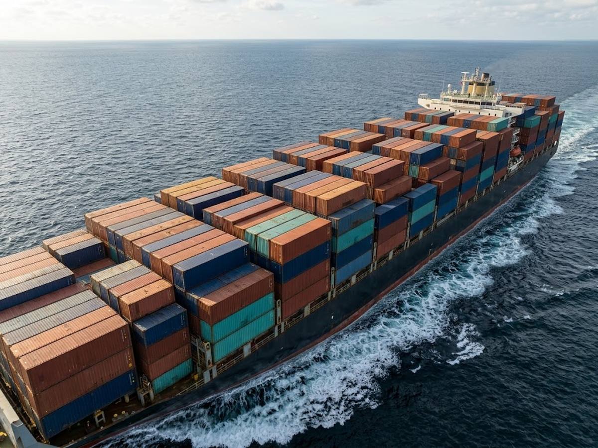 Loaded container ship at sea