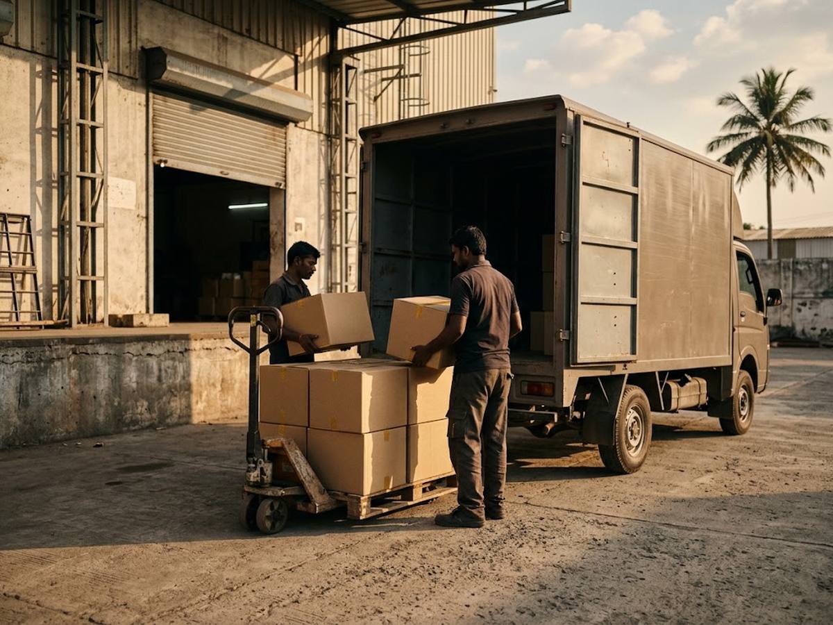 Cartons being unloaded from a truck at an Indian warehouse