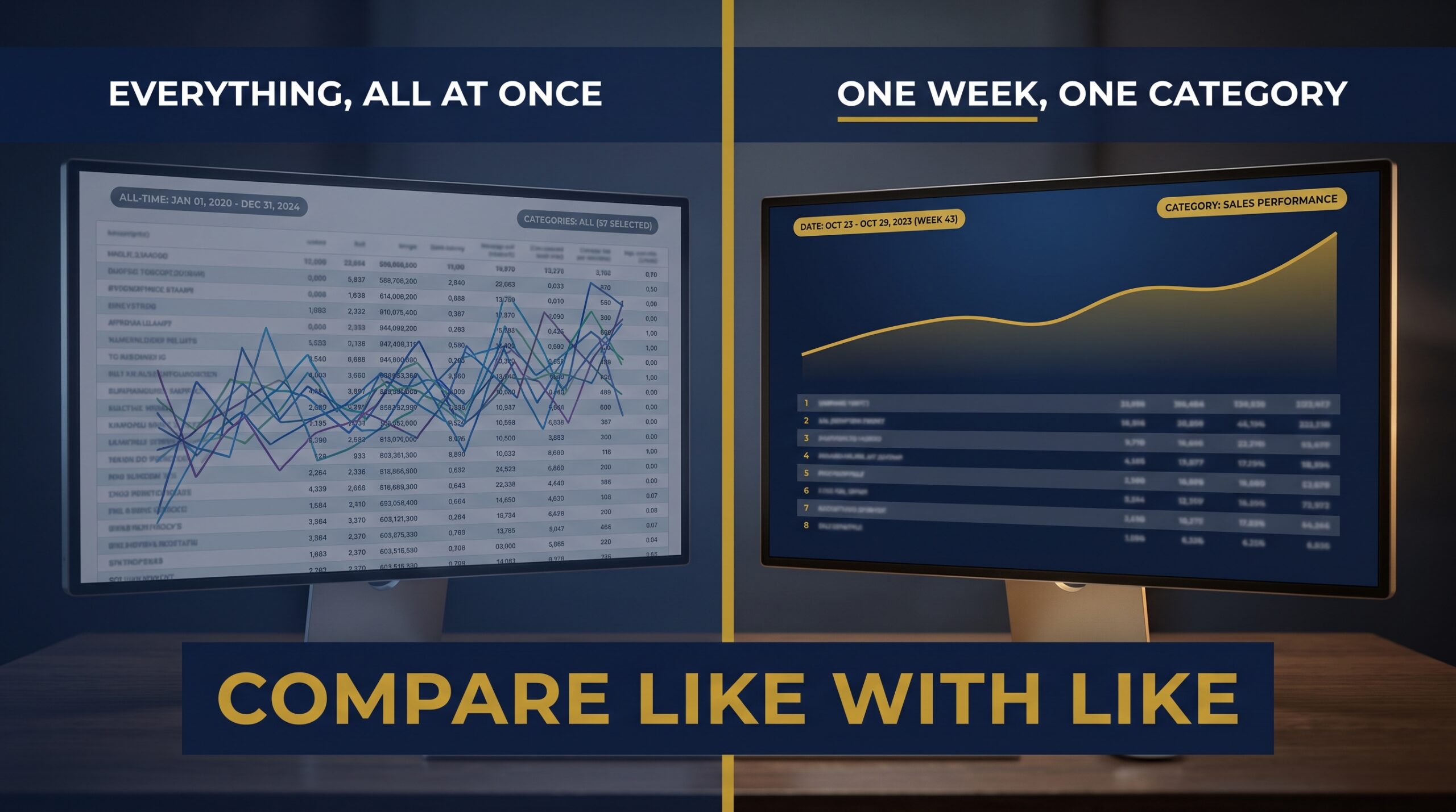 Split screen comparing a messy unfiltered dashboard with a clean weekly single-category view