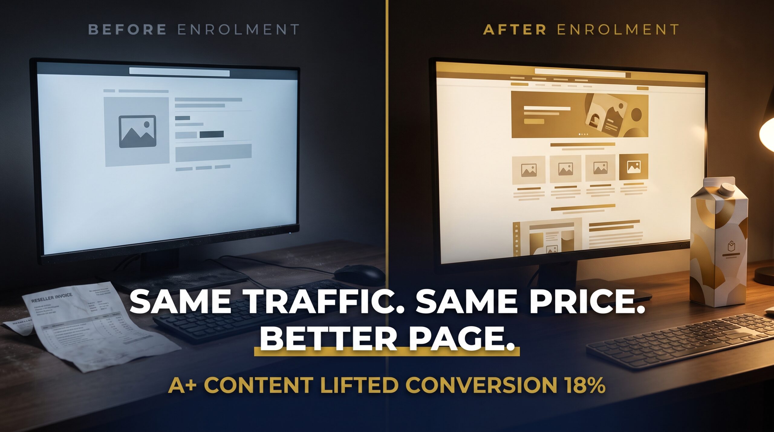 Split screen comparing a bare unregistered product page with a registered brand page carrying A+ Content