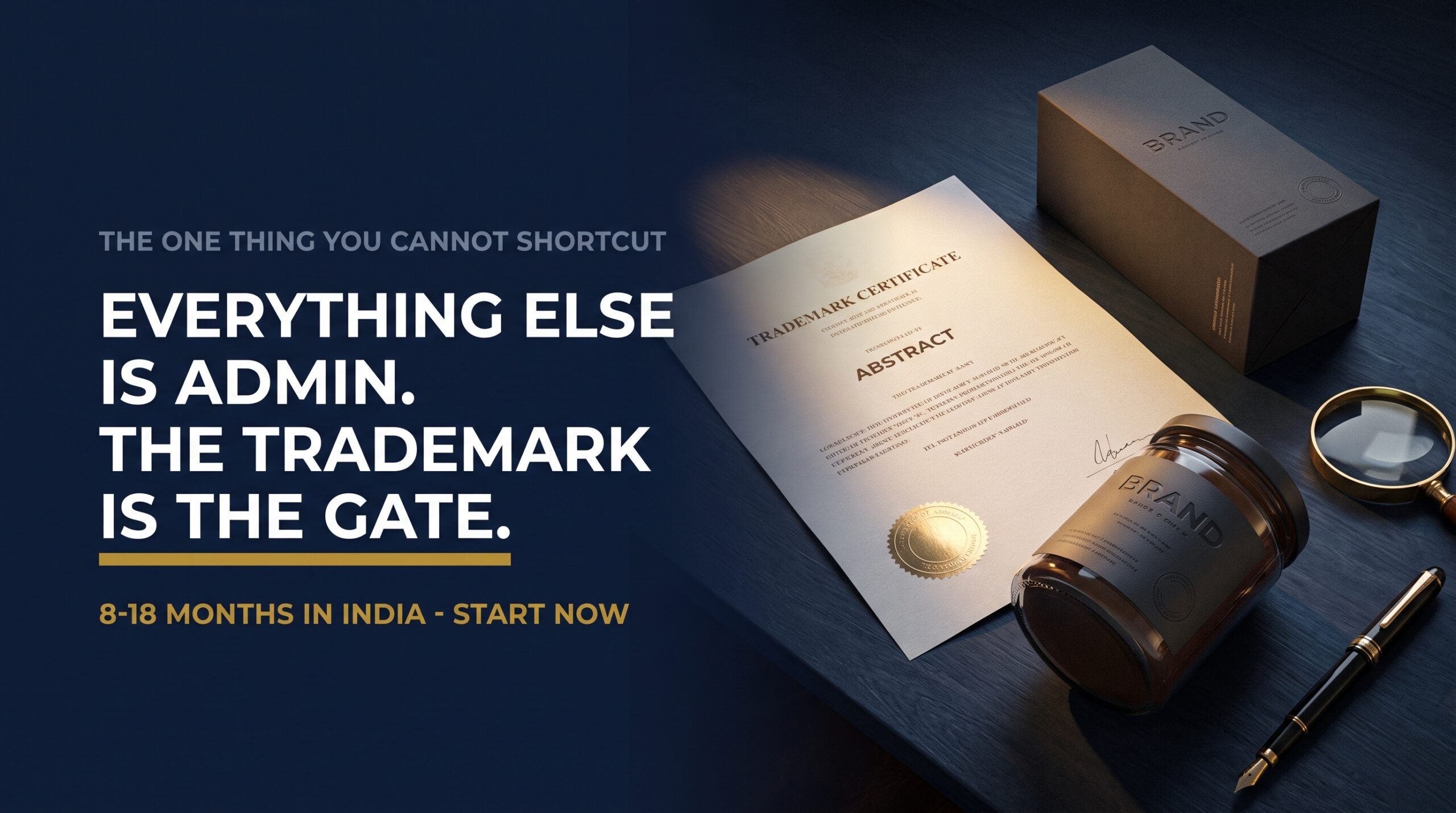 Trademark certificate lying beside branded packaging with the brand name embossed on the carton