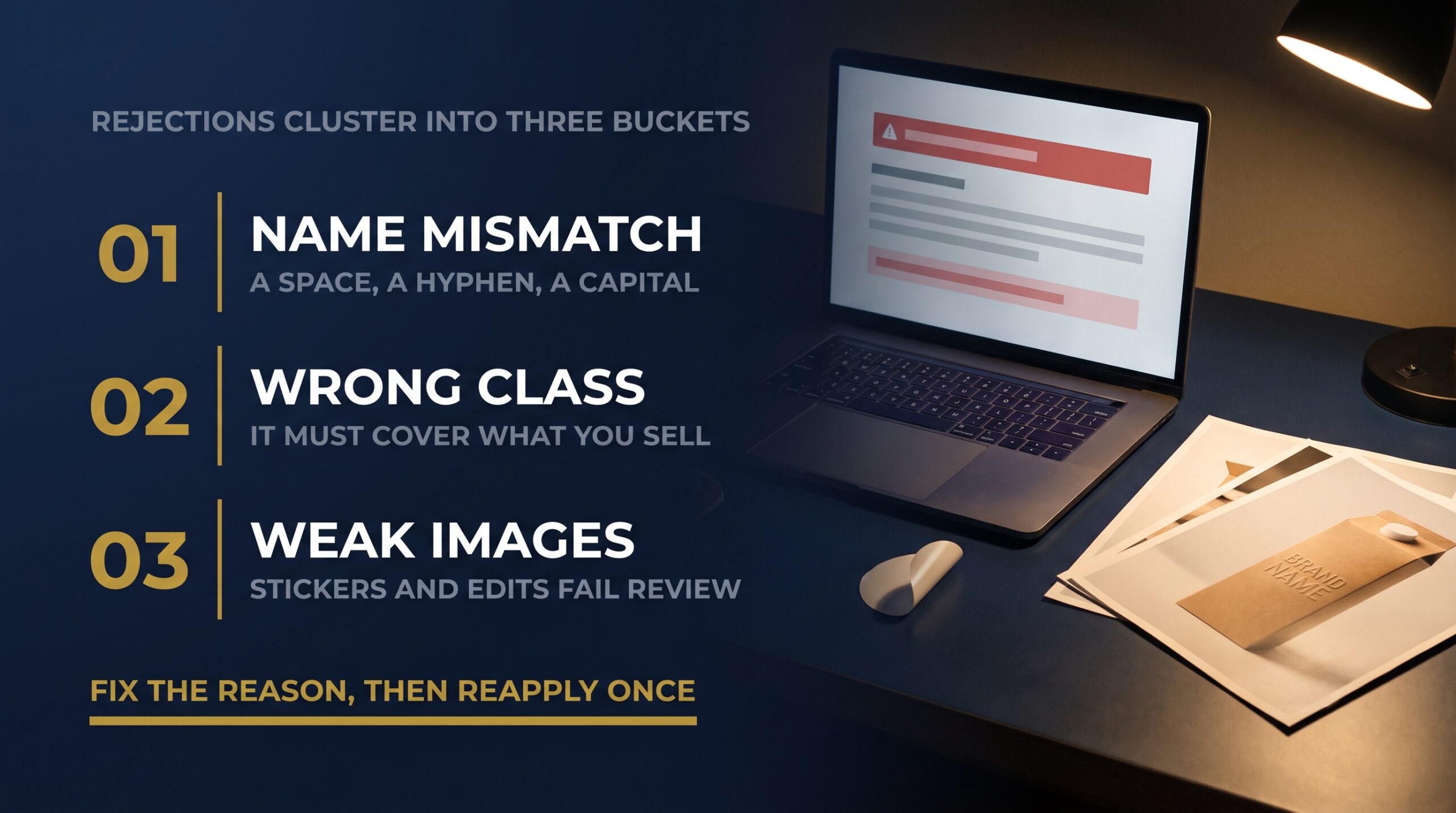Infographic showing the three common reasons Brand Registry applications get rejected and their fixes