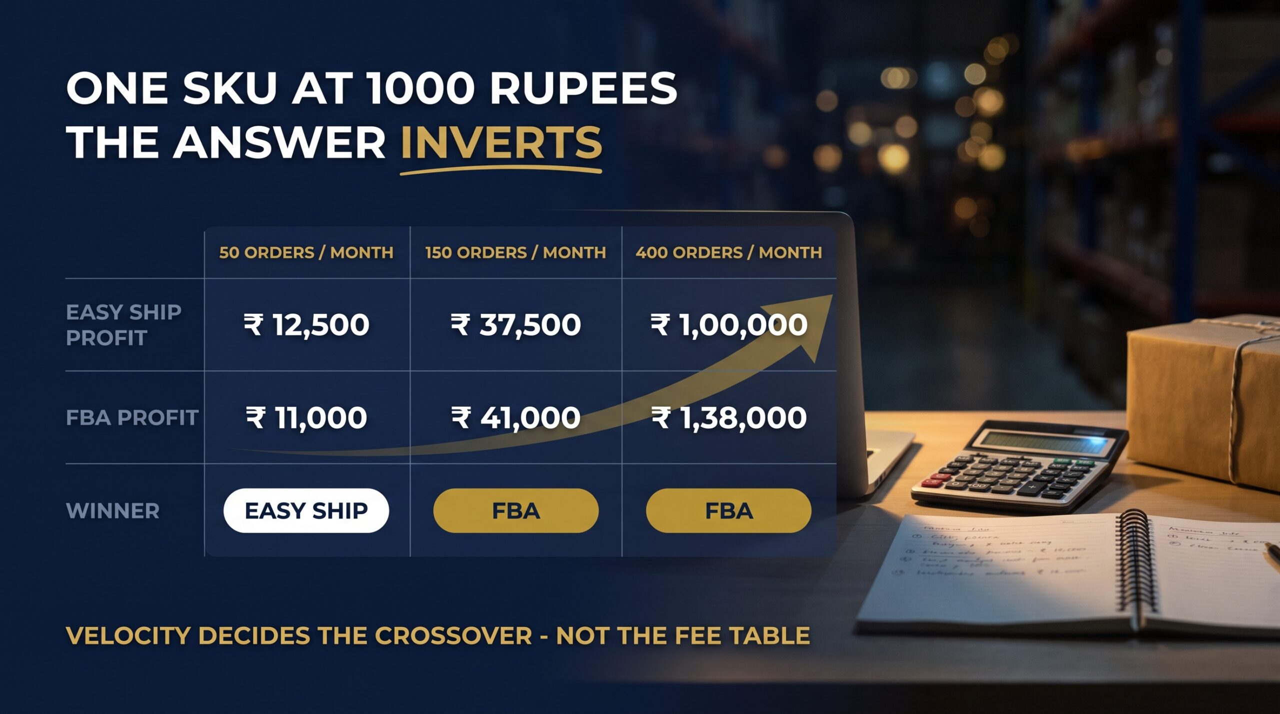 Cost and profit comparison for one SKU on Easy Ship and FBA at 50, 150 and 400 orders