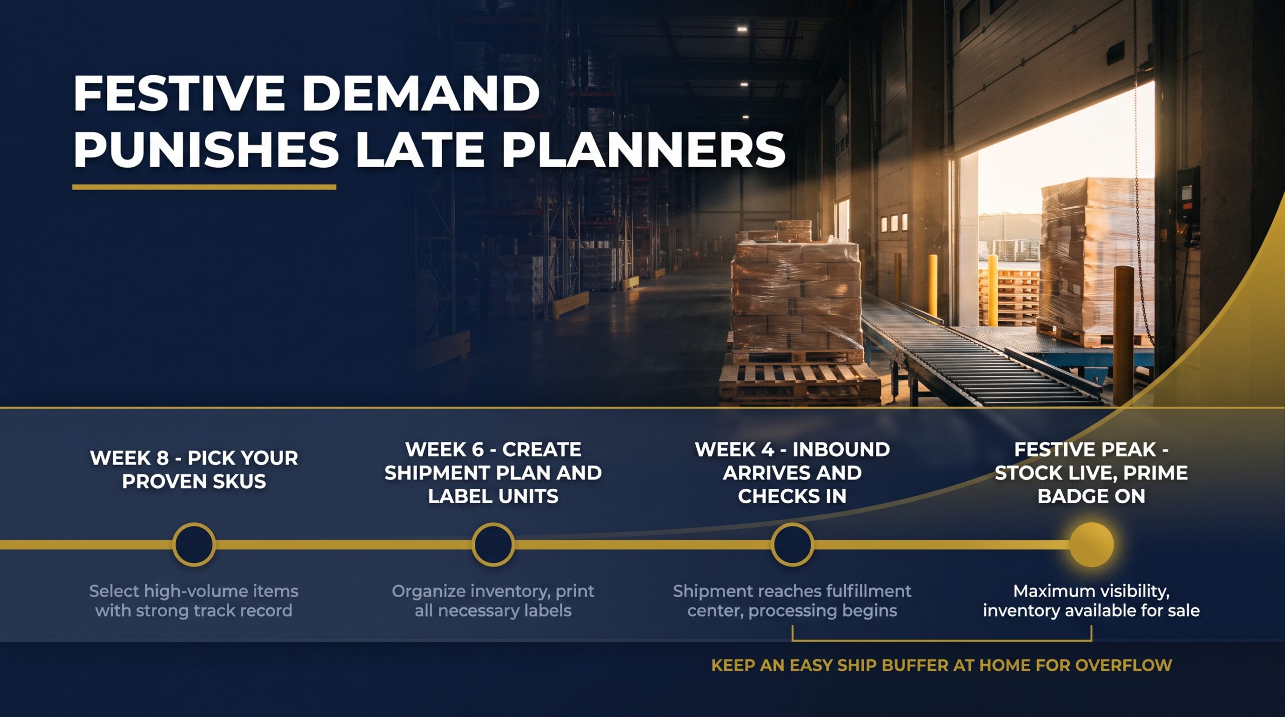 Timeline showing FBA inbound shipment timing six to eight weeks before a festive sales spike