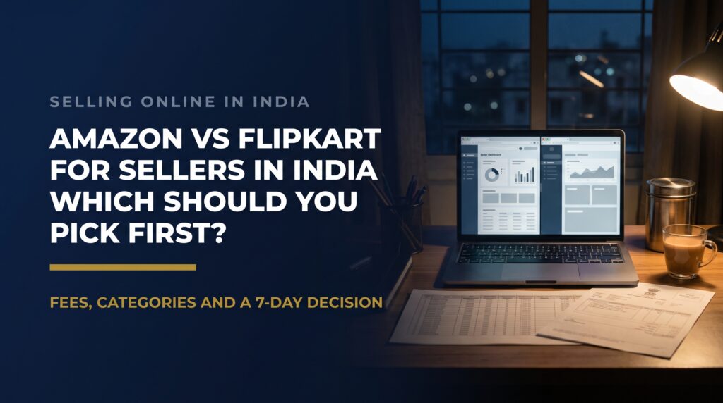 Title card asking which marketplace Indian sellers should choose first, Amazon or Flipkart