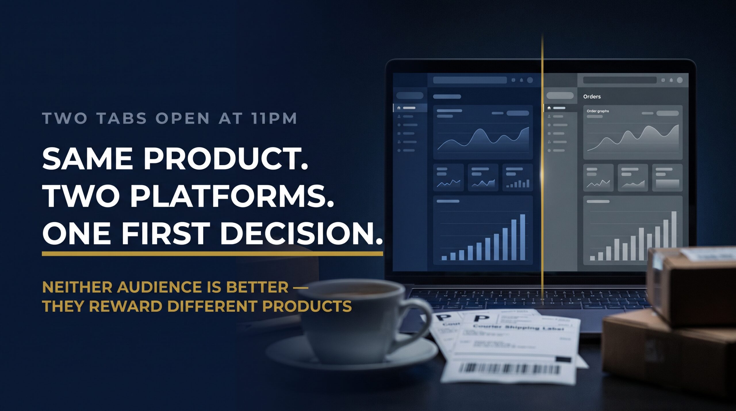 Split screen of two generic seller dashboards on a laptop with the line two platforms one first decision