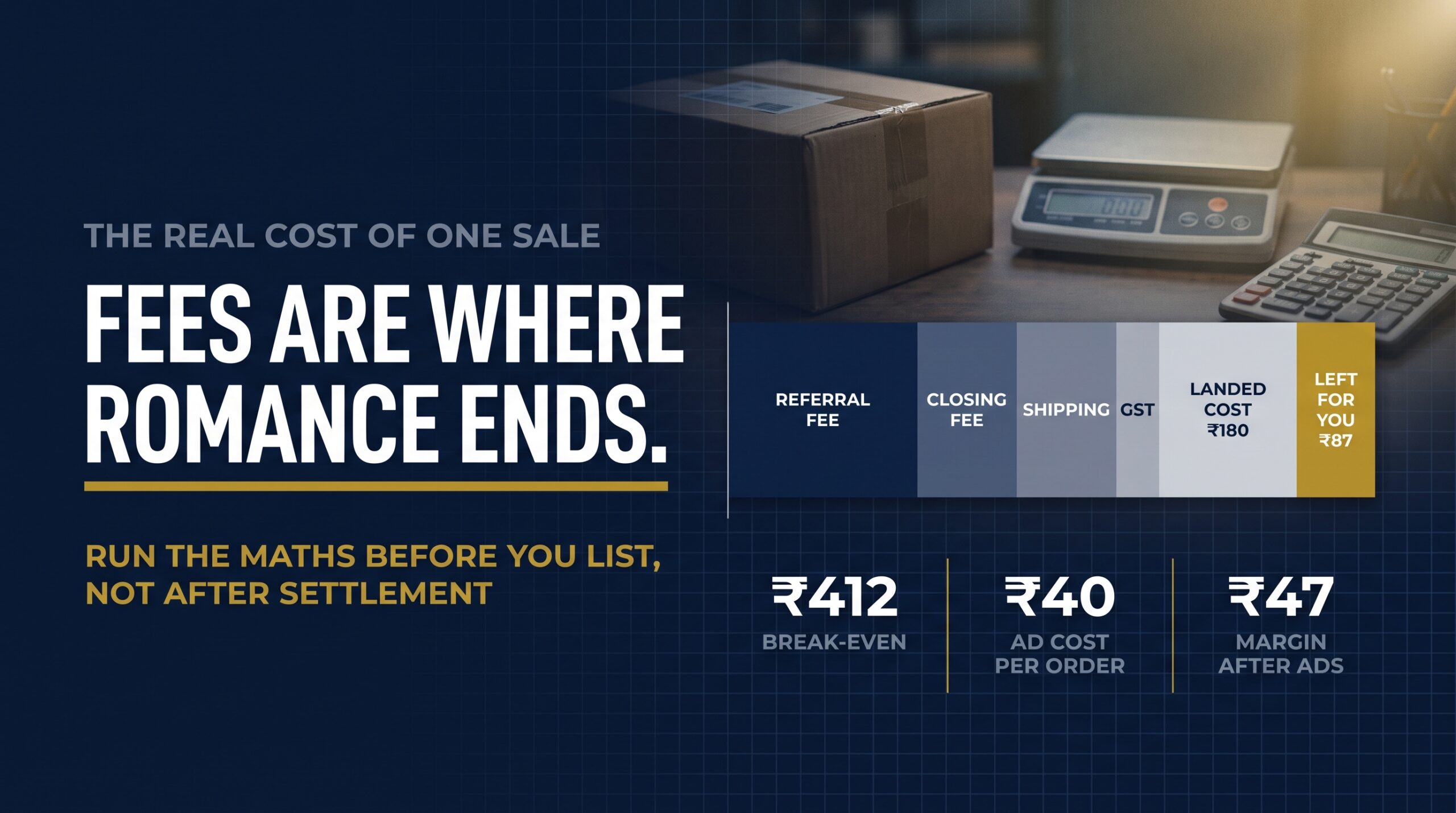 Fee breakdown infographic showing referral, closing, shipping and GST eroding a 499 rupee order