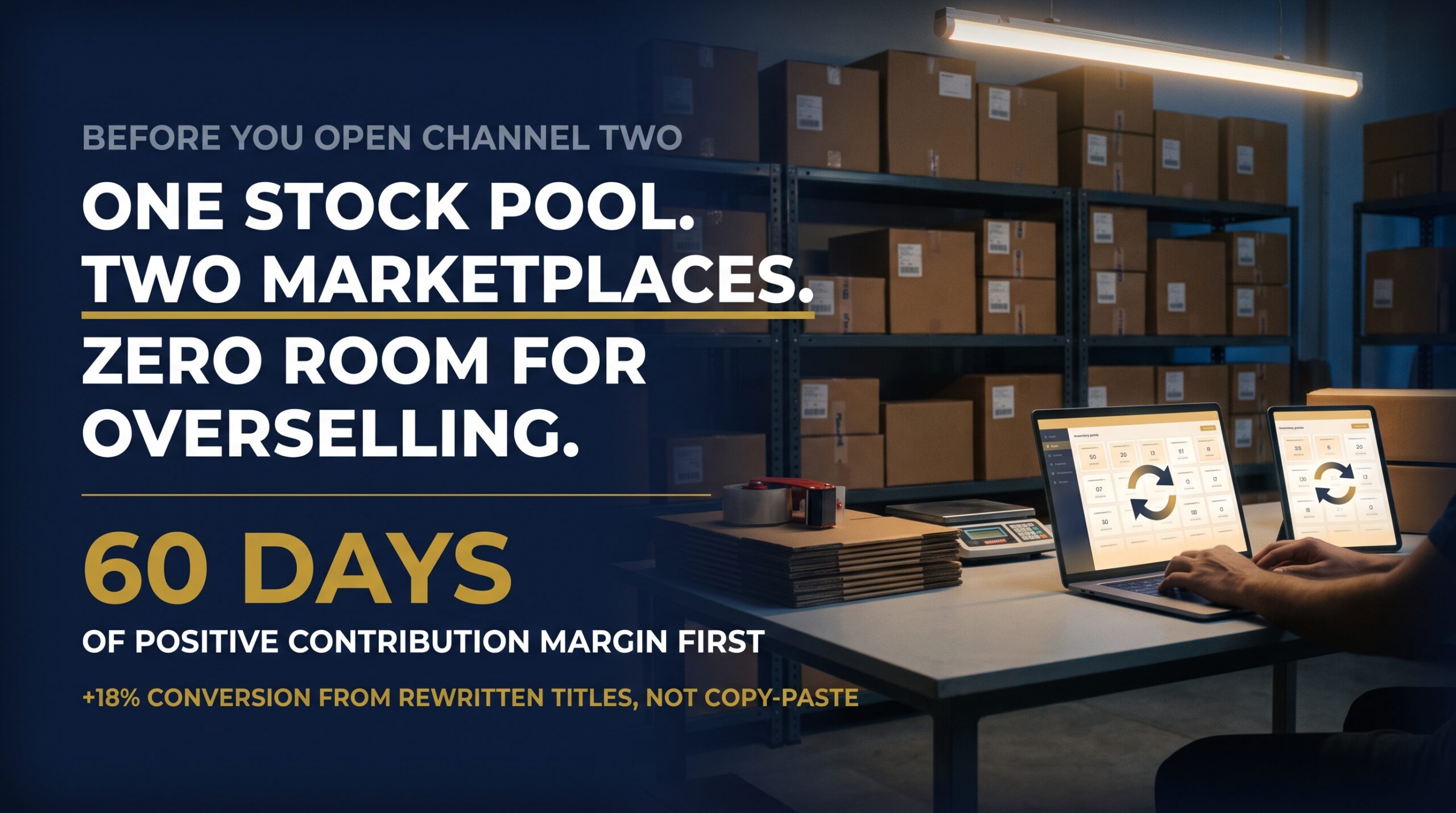Small warehouse scene with two dashboards showing synced stock and a 60-day profit rule