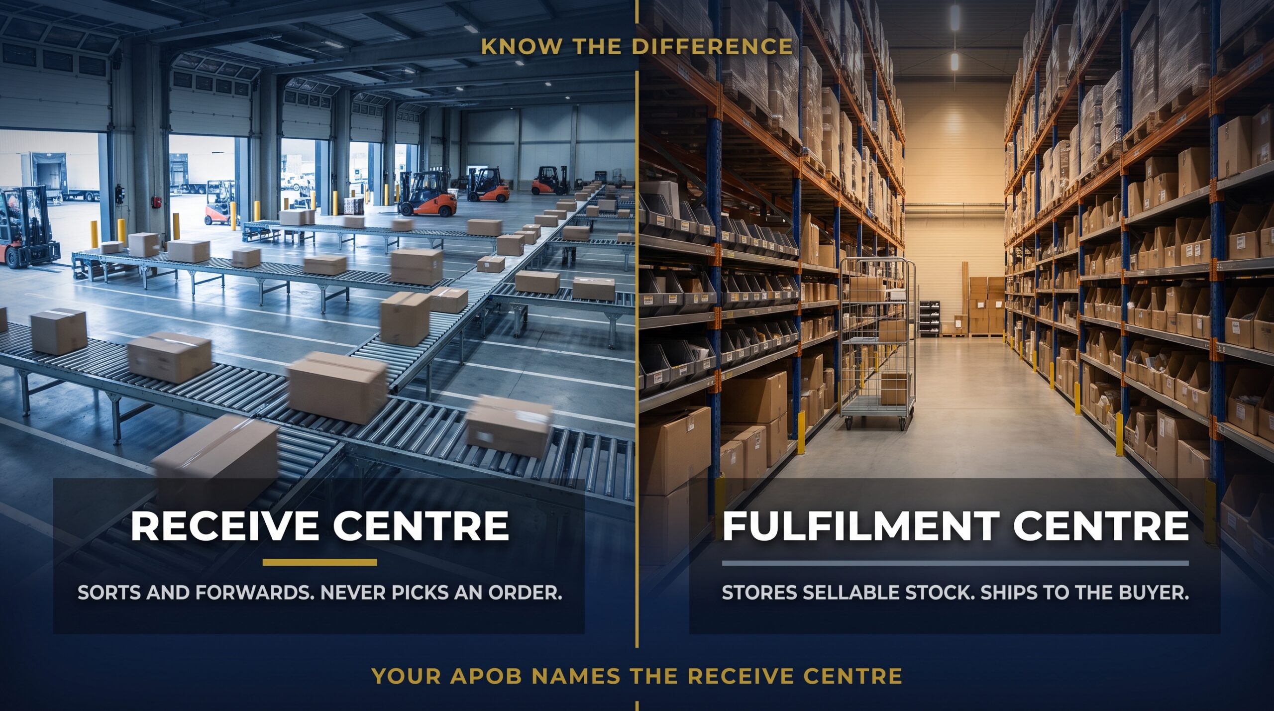 Split comparison of a Receive Centre that sorts and forwards versus a fulfilment centre that stores and ships orders