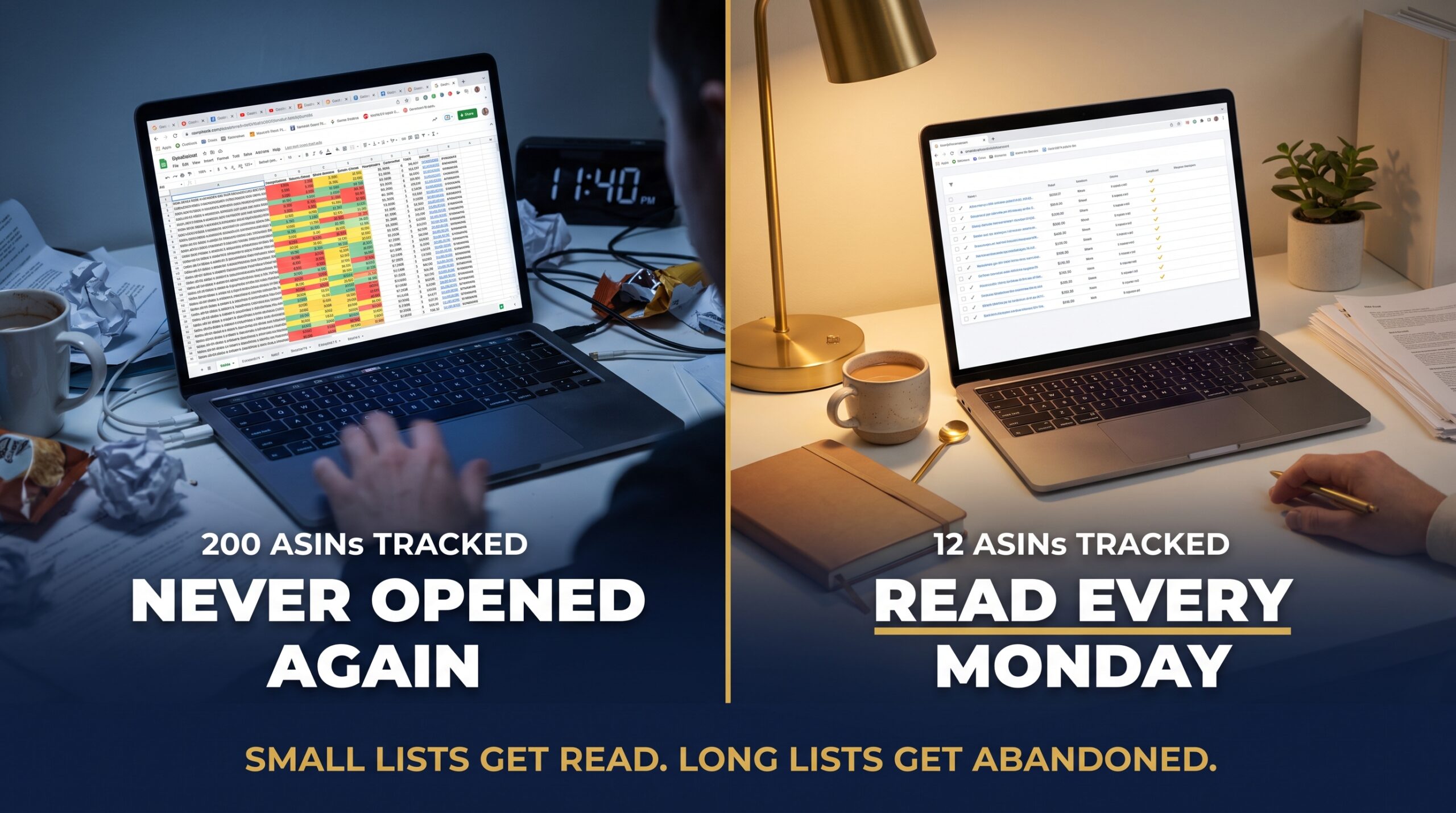Split screen comparing a bloated 200 row competitor spreadsheet with a focused twelve ASIN watchlist