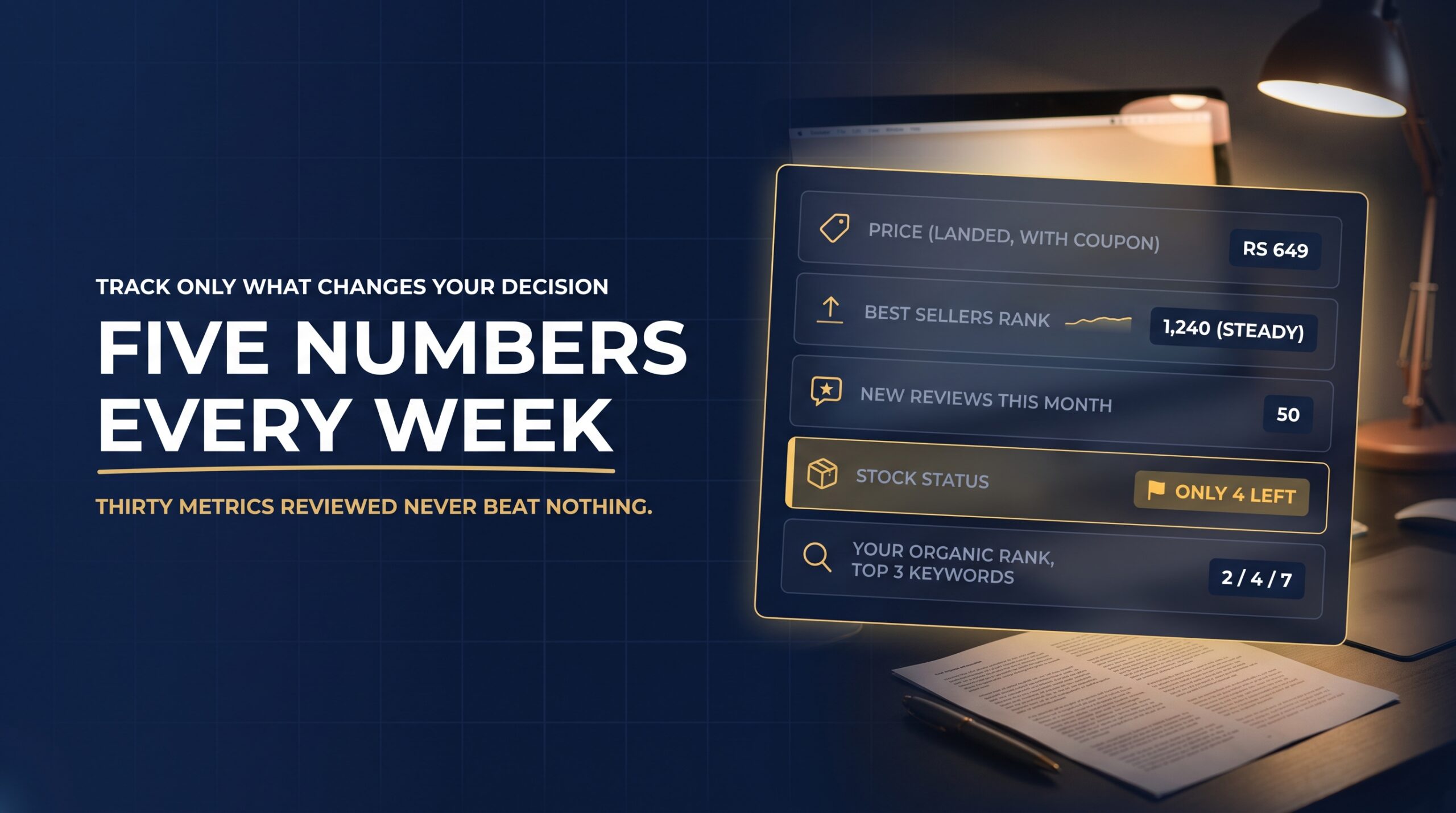 Data infographic showing the five weekly competitor metrics price, rank, reviews, stock and keyword position