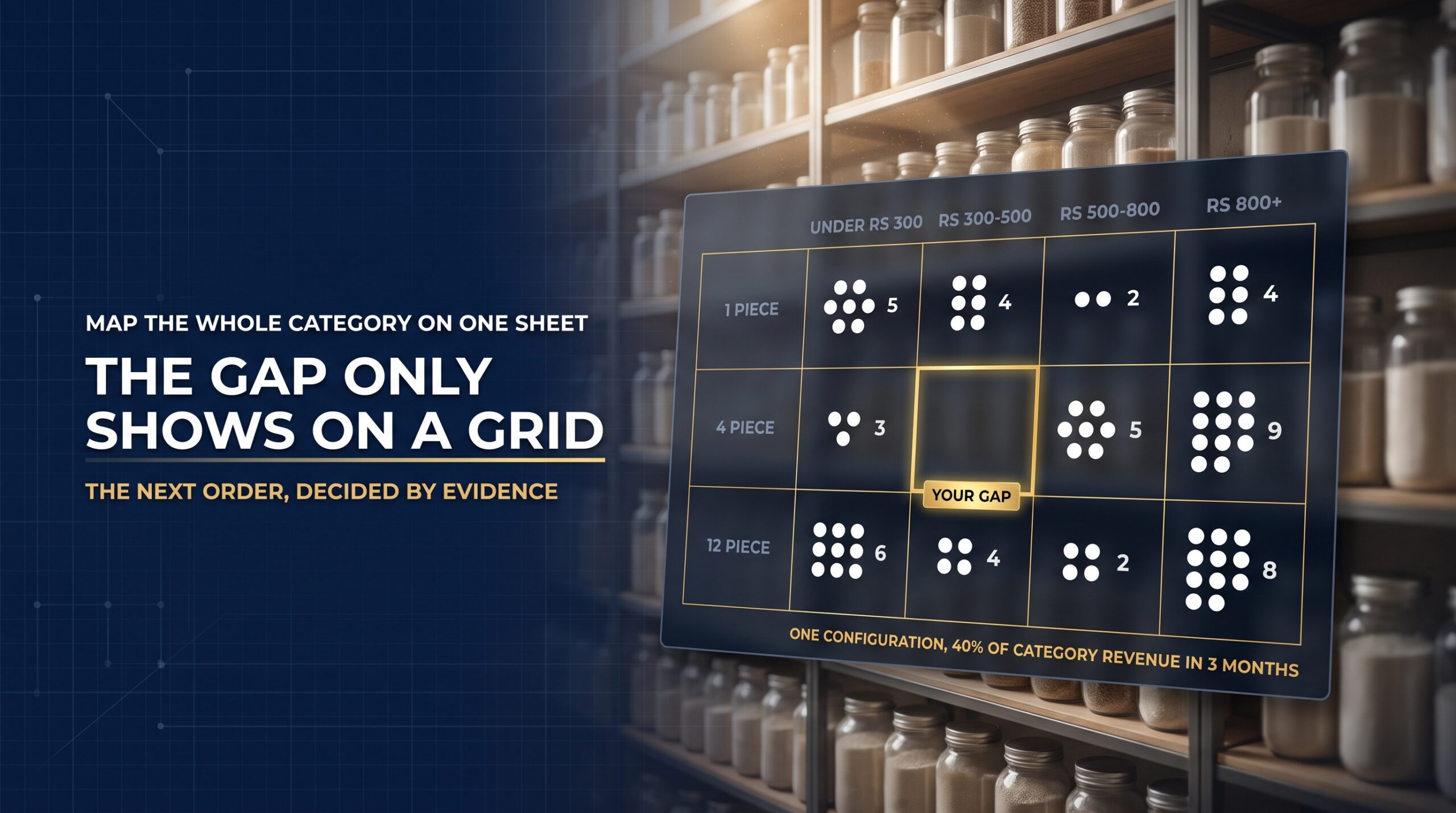 Grid mapping competitor pack sizes against price bands with one empty square highlighted in gold
