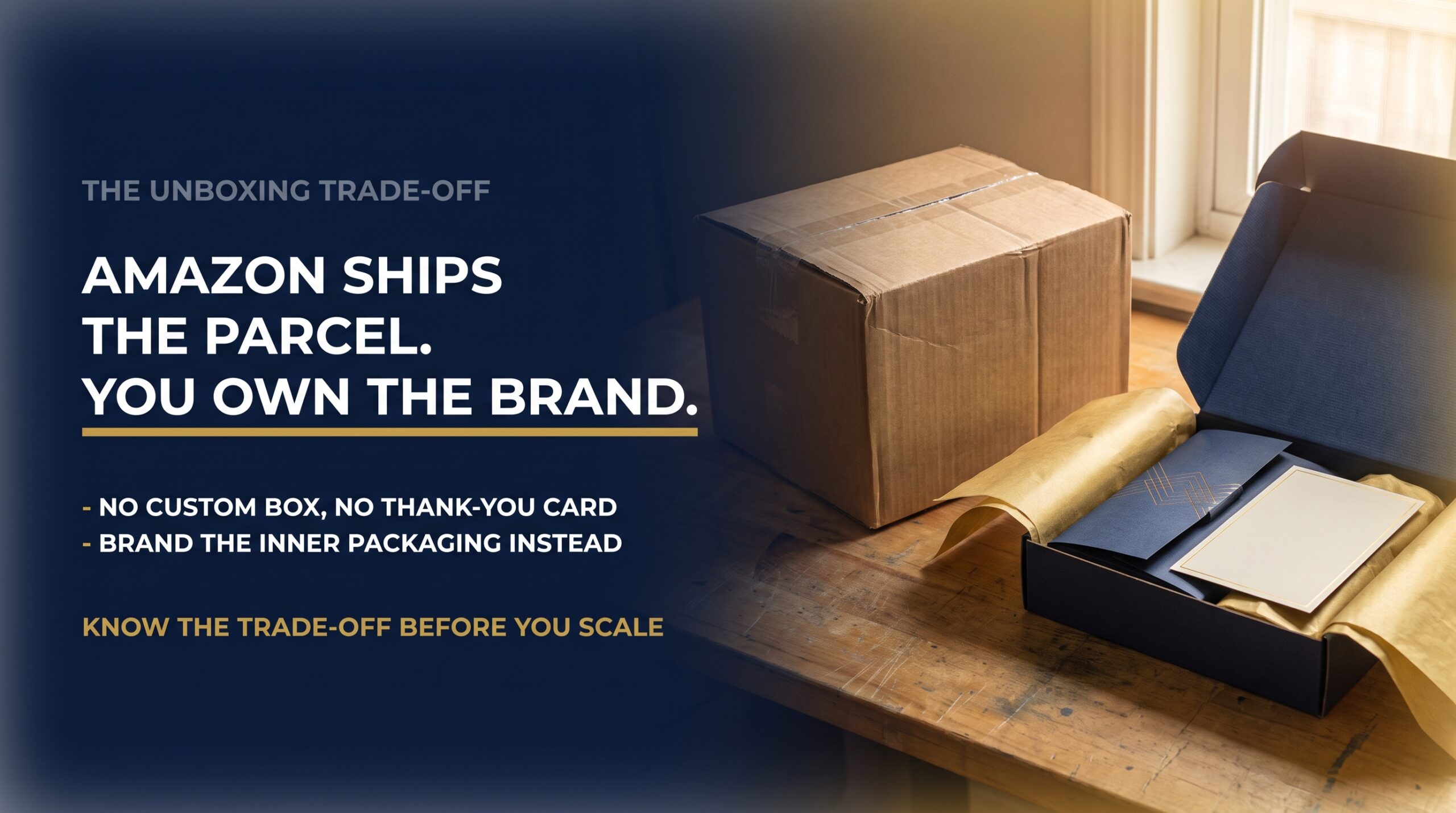 Plain fulfilment carton beside branded inner packaging on a workbench showing the unboxing trade-off