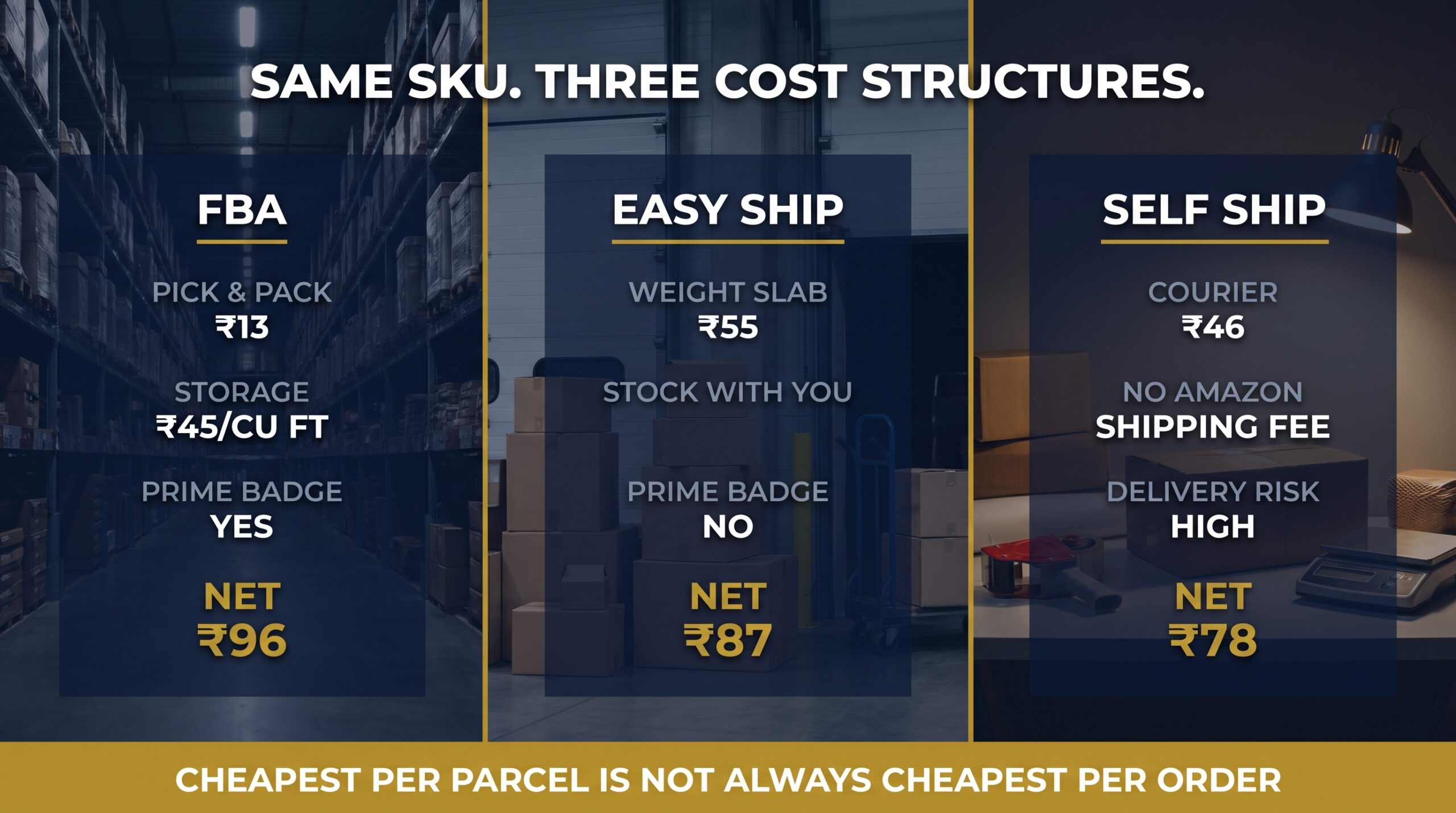 Three column cost comparison of FBA, Easy Ship and Self Ship on a single SKU