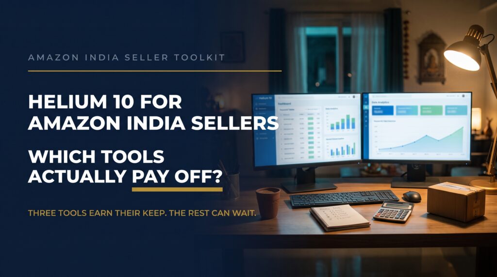 Title card reading Helium 10 for Amazon India sellers over a night desk with analytics screens