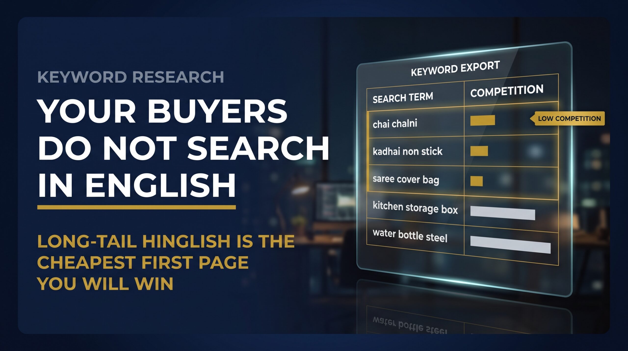 Keyword export visual highlighting Hinglish search terms with low competition beside a punchy statement