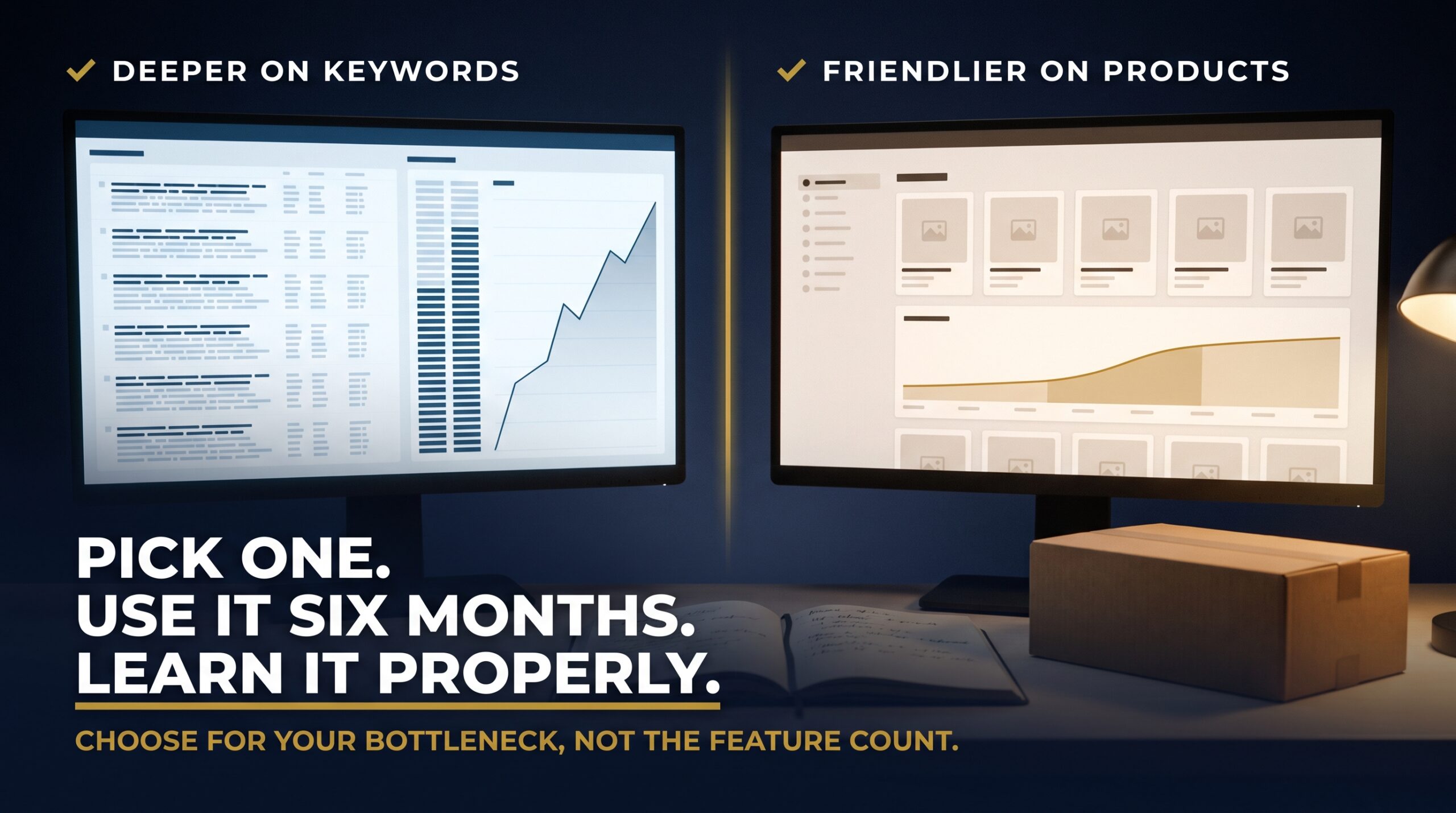 Two research screens side by side with a line about choosing one tool and learning it properly