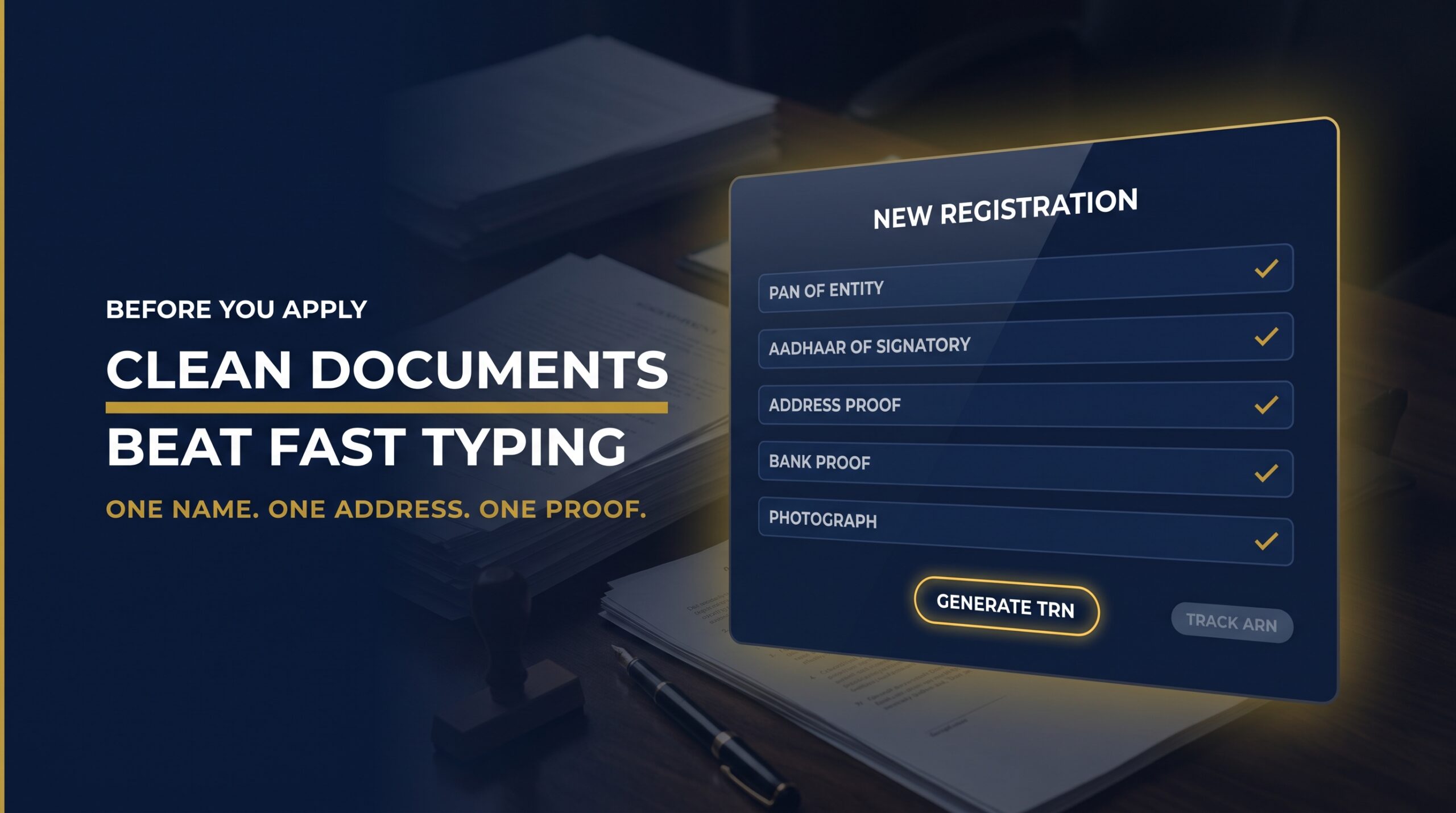 Stylised GST portal registration form with labelled fields and a document checklist beside it
