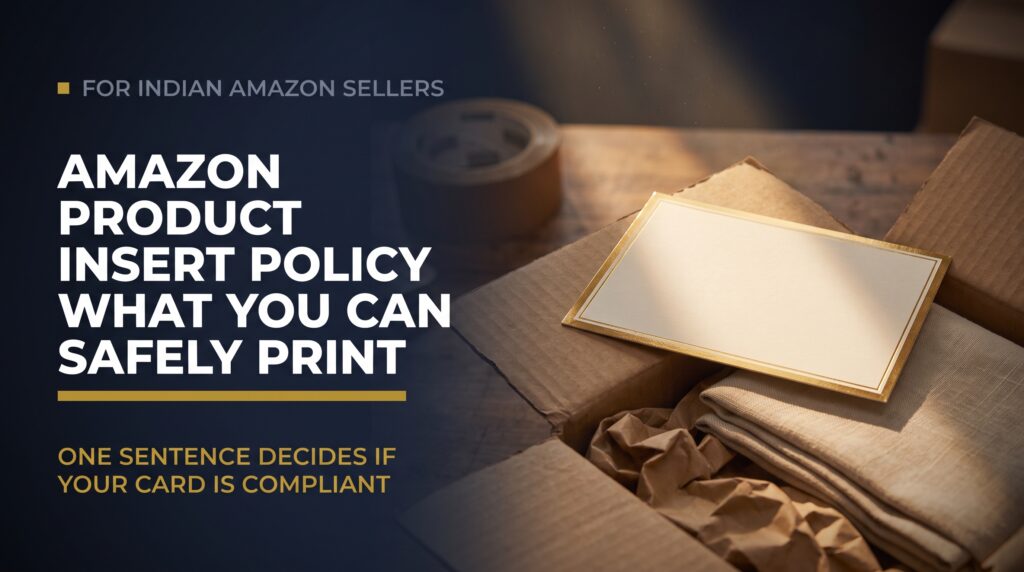 Featured card titled Amazon product insert policy and what Indian sellers can safely print