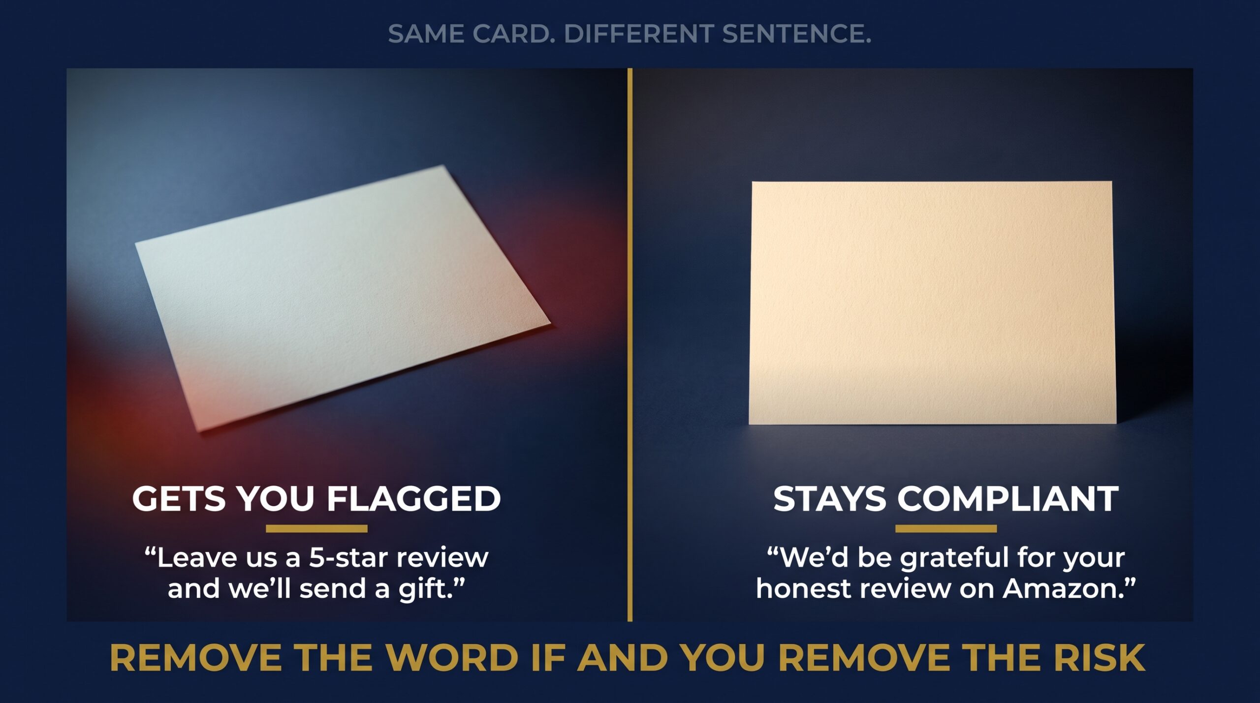 Split screen comparing safe insert card wording with wording that gets sellers flagged