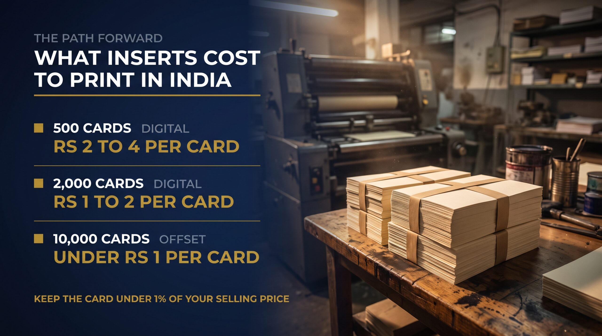Stacked bundles of printed insert cards with per-card cost bands at 500, 2000 and 10000 units