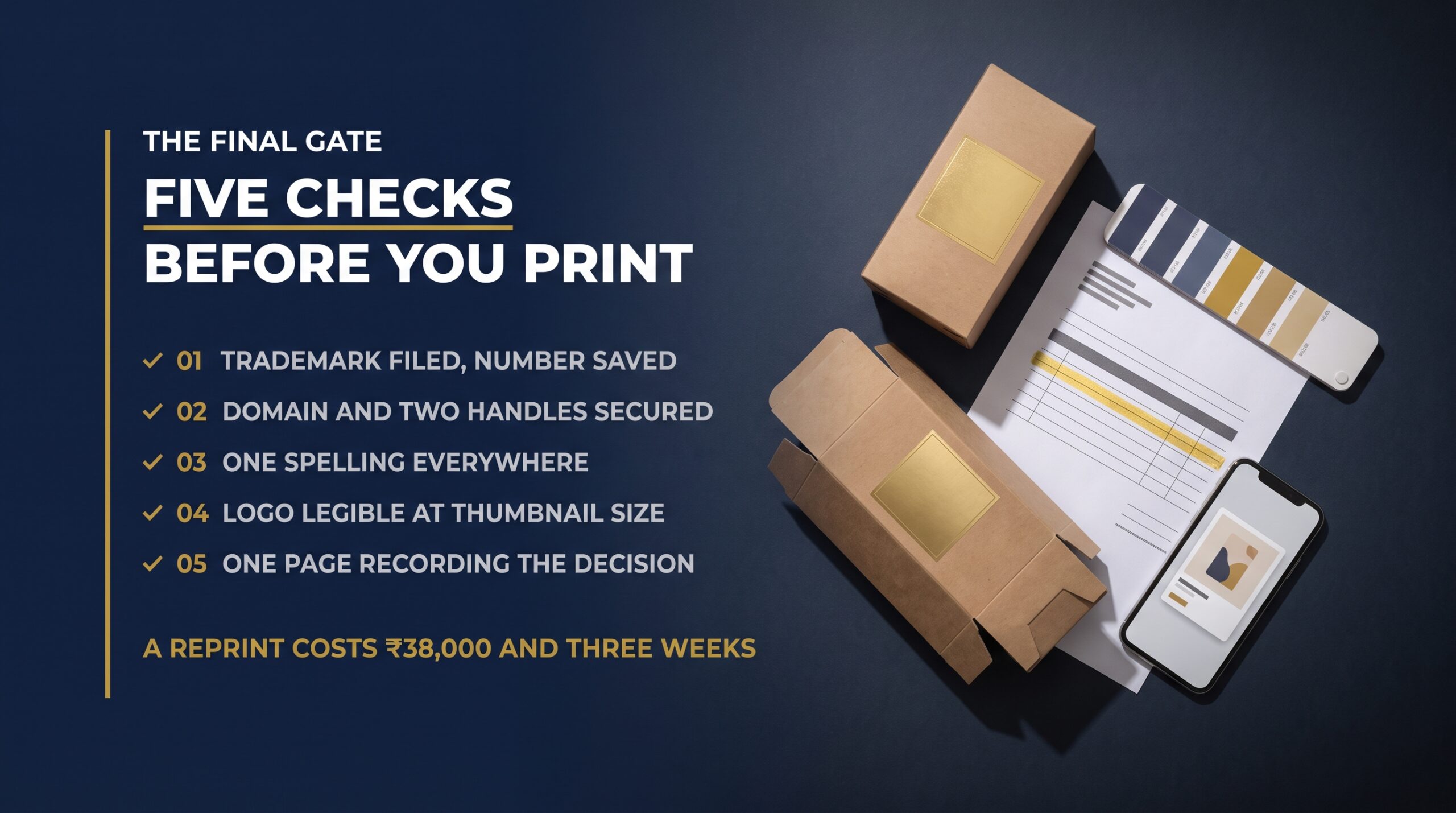 Flat lay of packaging proofs, a trademark filing receipt and a phone thumbnail with a five-point checklist
