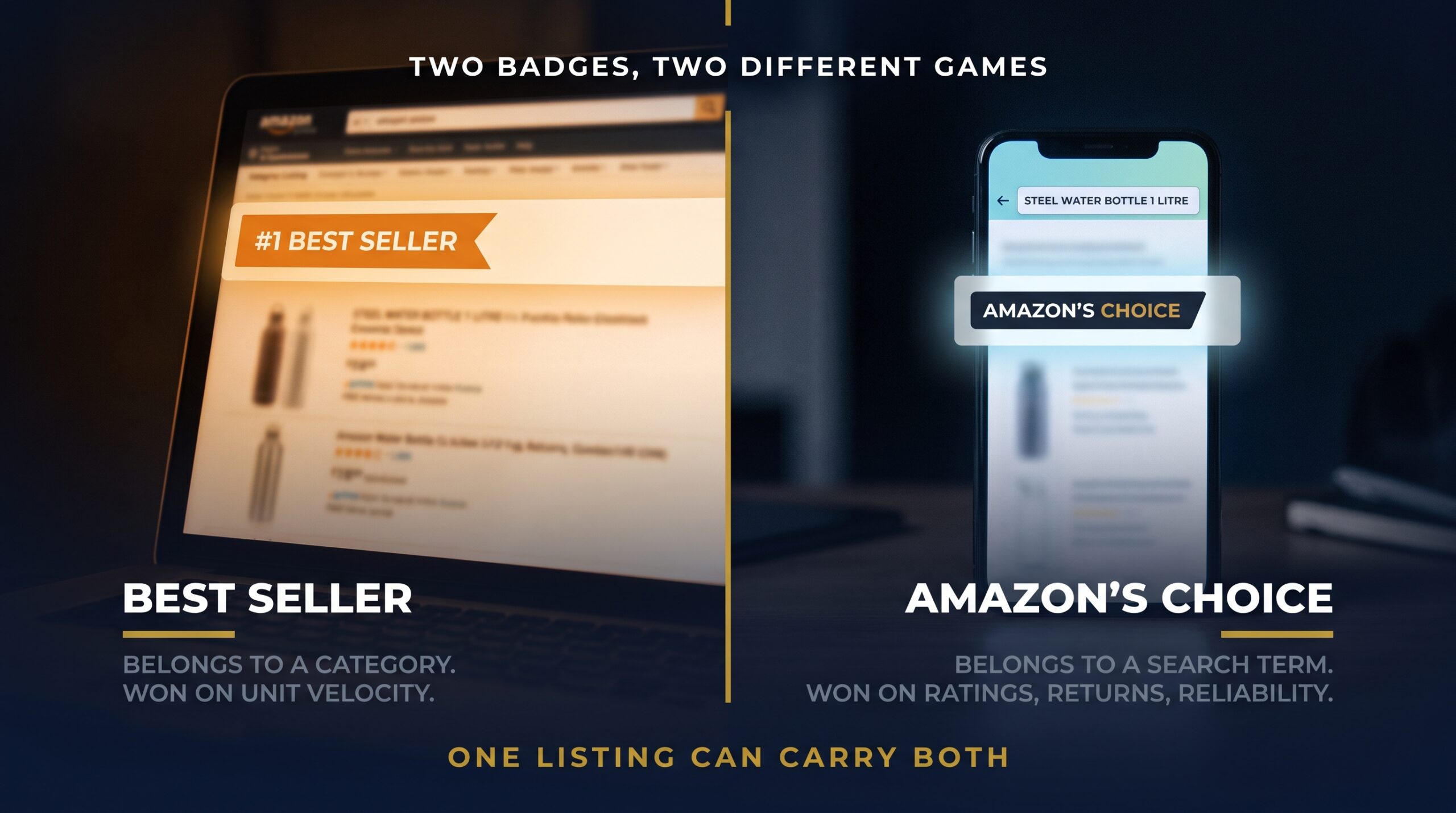 Split screen comparing a category Best Seller flag with a keyword-linked Amazon Choice badge