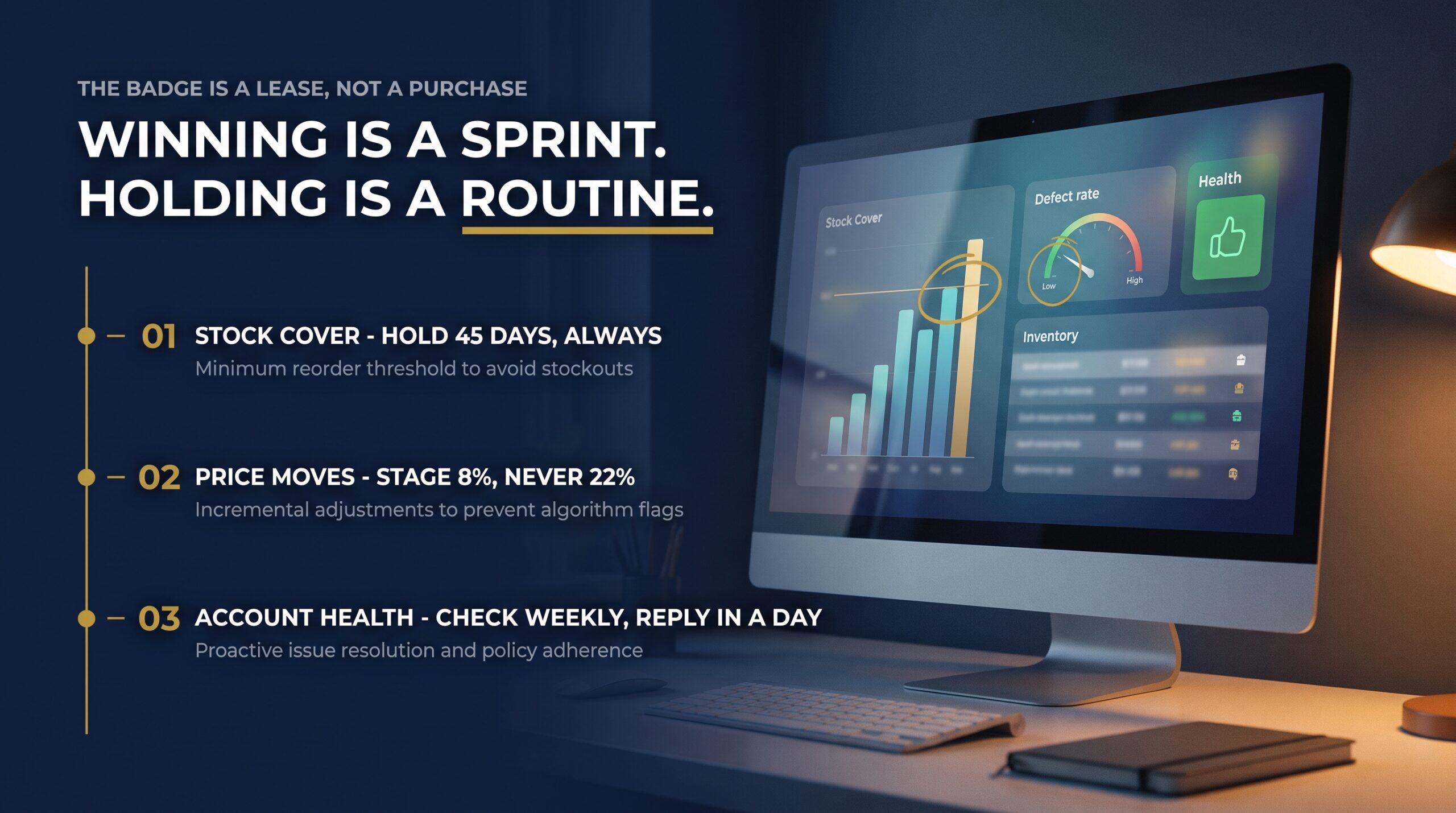 Dashboard roadmap showing reorder cover, staged price rises and weekly account health checks