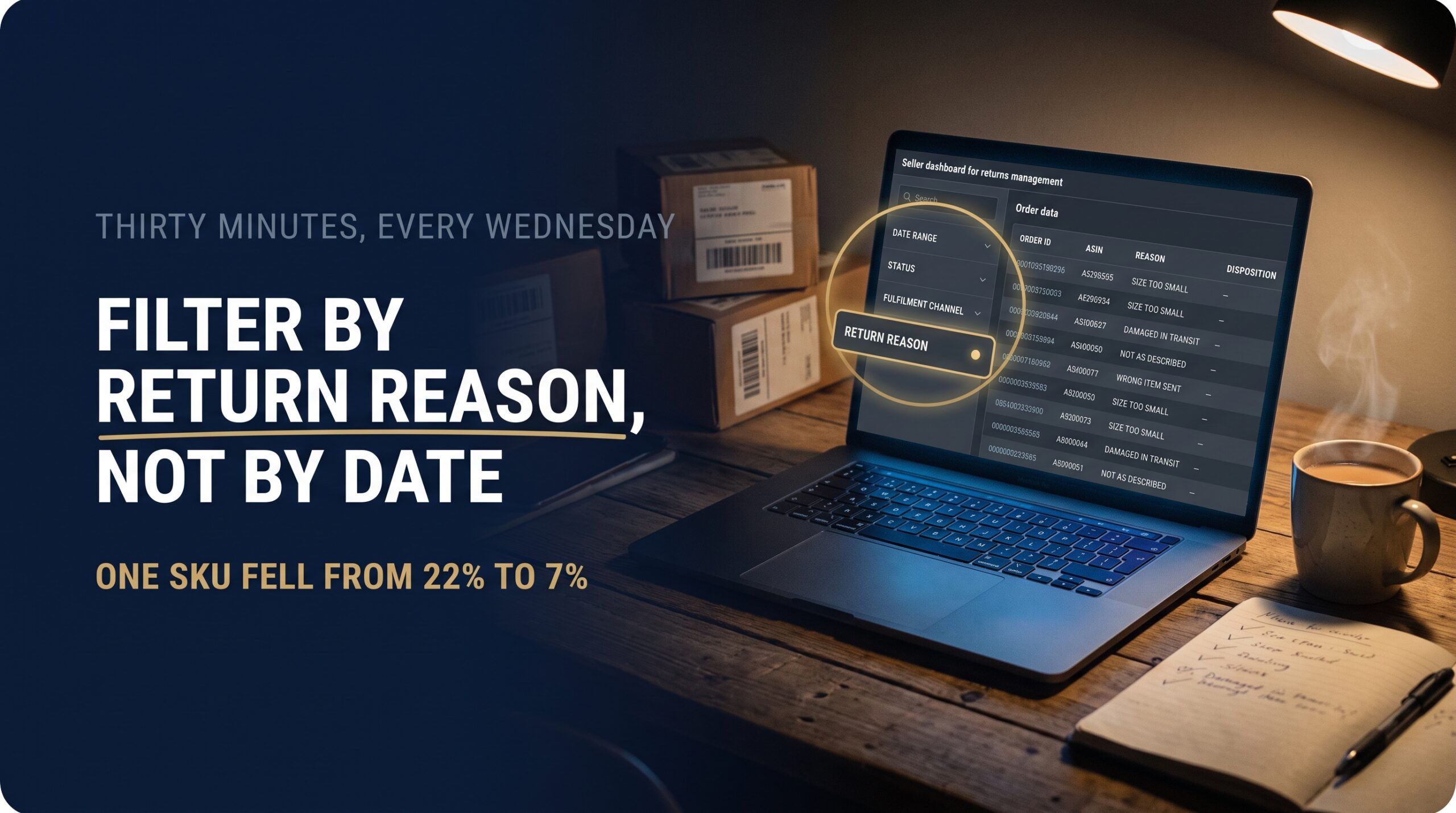 Seller Central manage returns dashboard on a laptop with return reason filters highlighted in gold