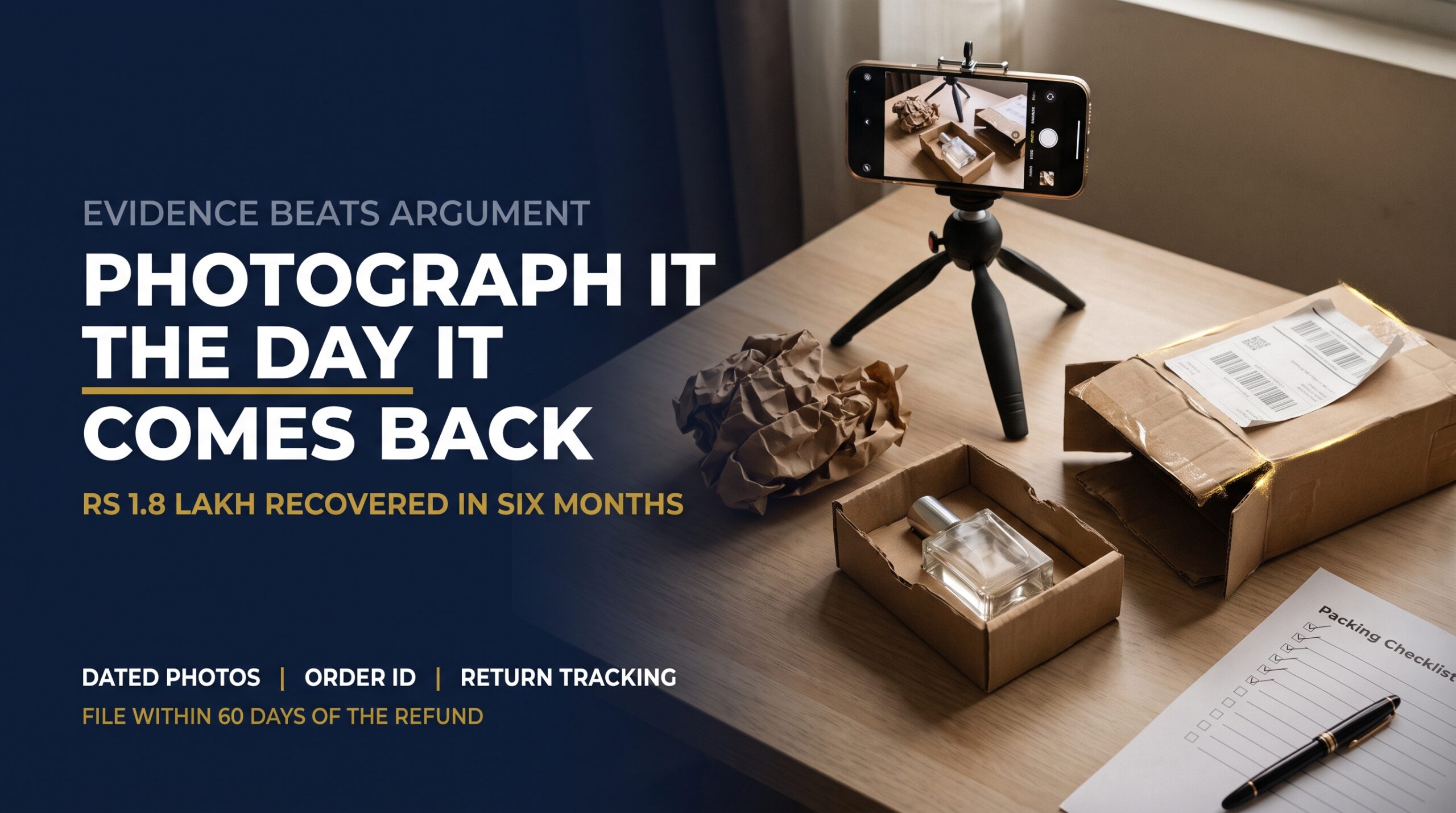 Returned unit photographed beside its packaging on a desk as dated evidence for a claim