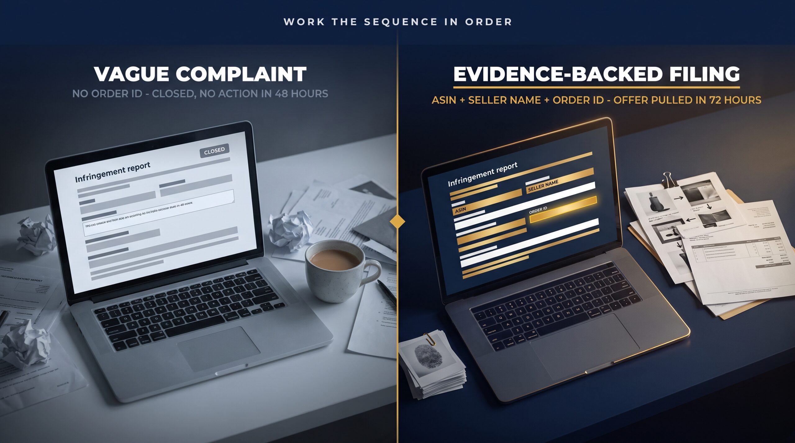 Split-screen comparing a vague infringement complaint with one backed by a test-buy order ID