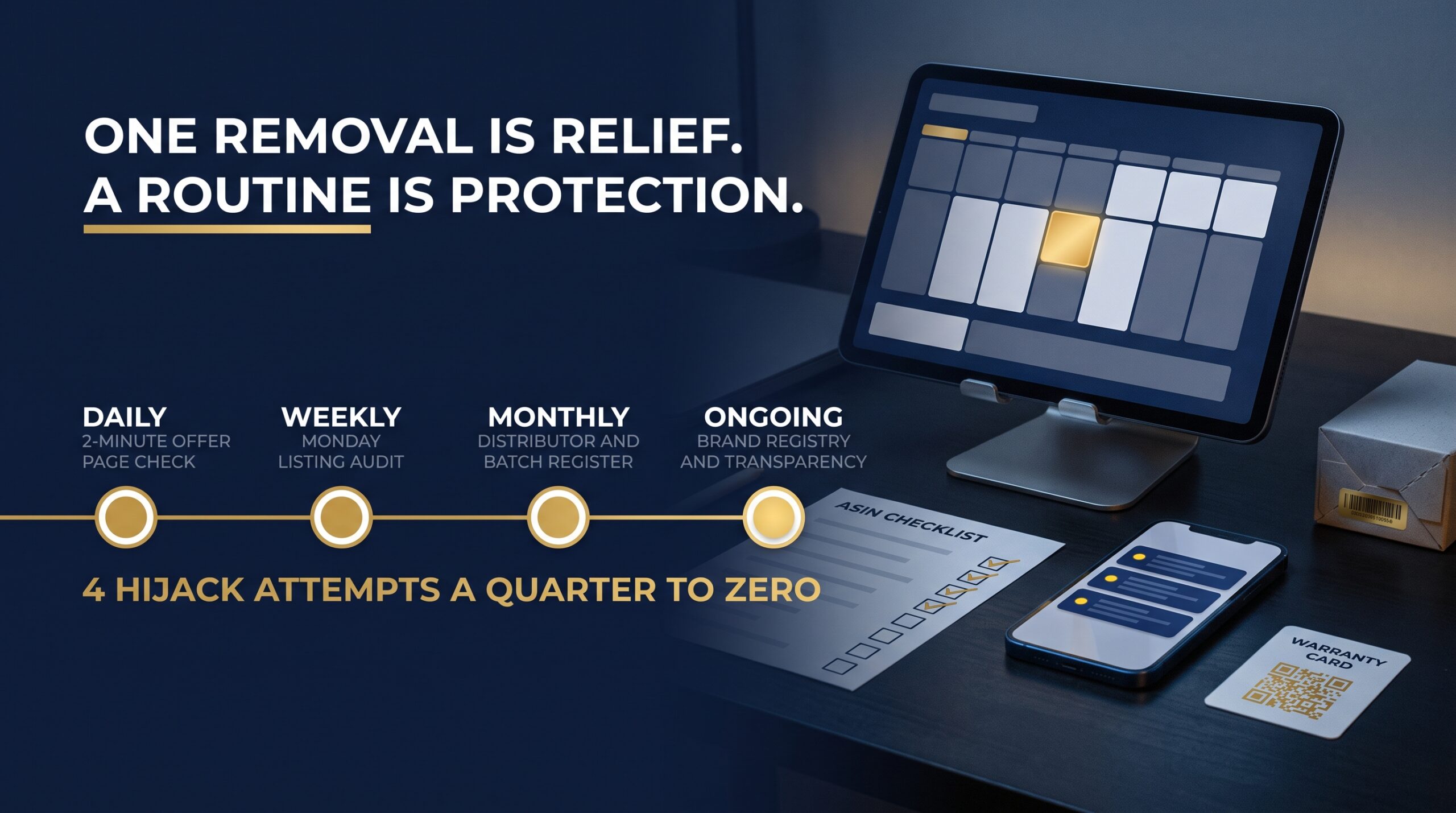 Weekly listing audit roadmap with seller alerts, monitoring checks and brand protection milestones