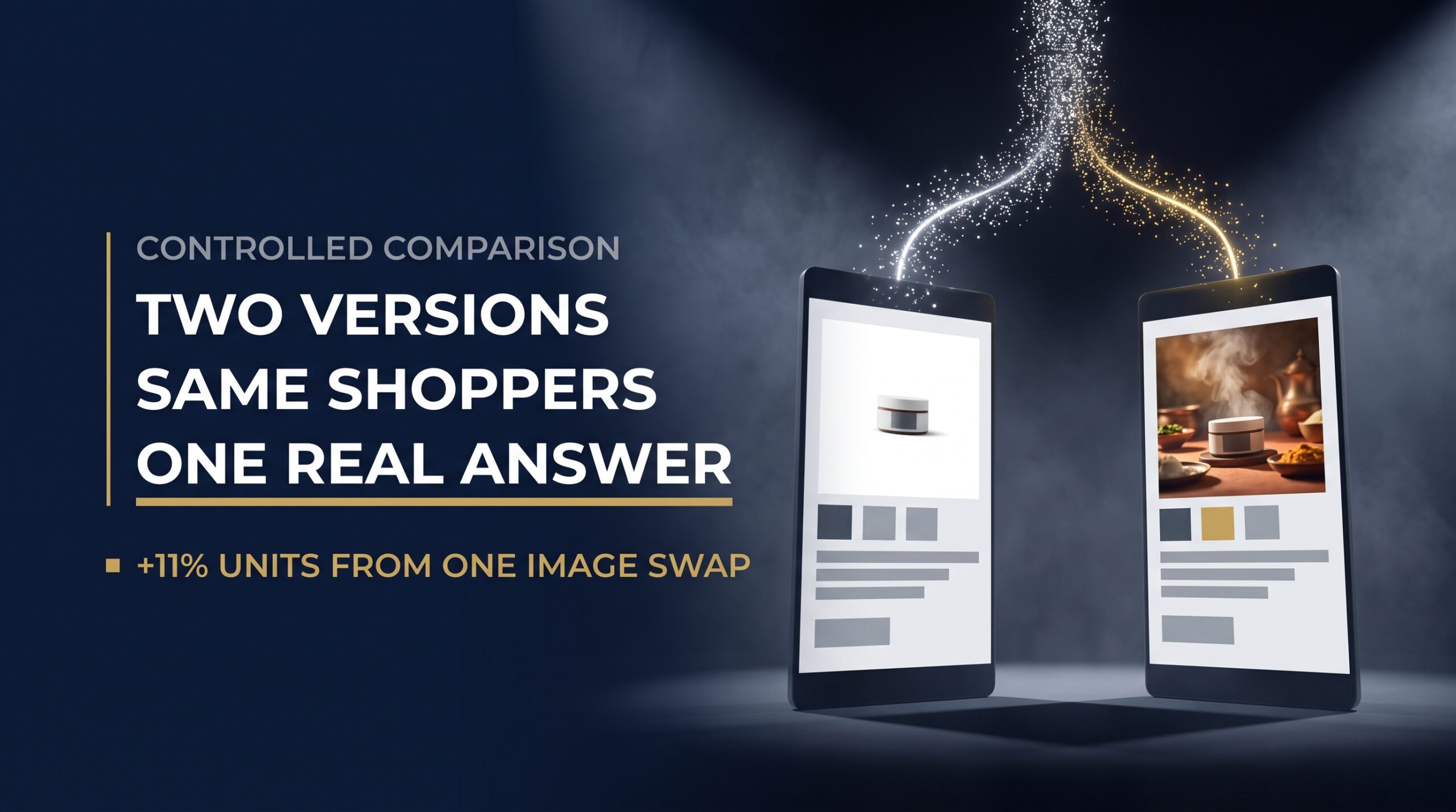 Split-screen comparison showing shopper traffic dividing evenly between two versions of the same product listing
