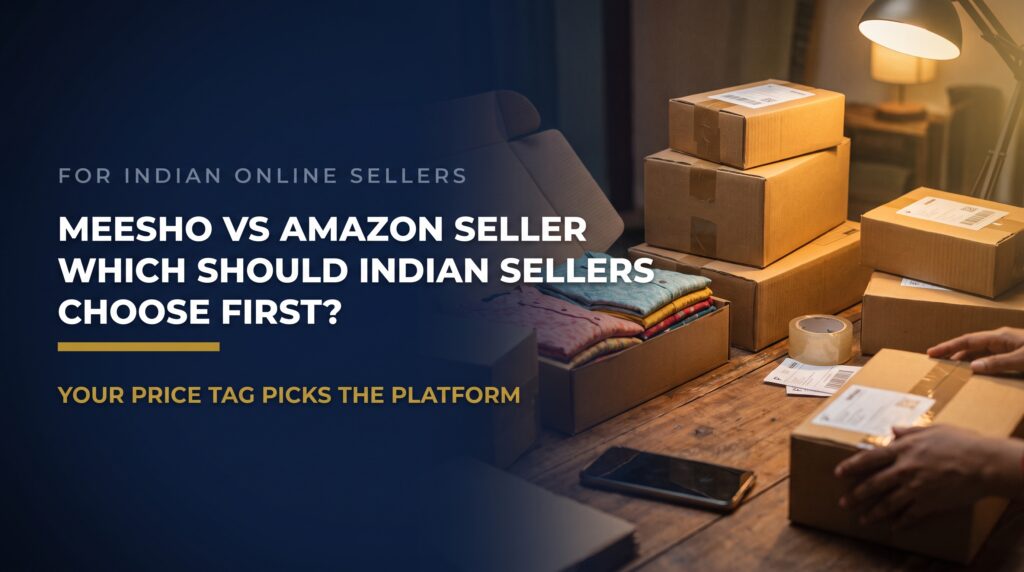 Featured card asking whether Indian sellers should choose Meesho or Amazon first