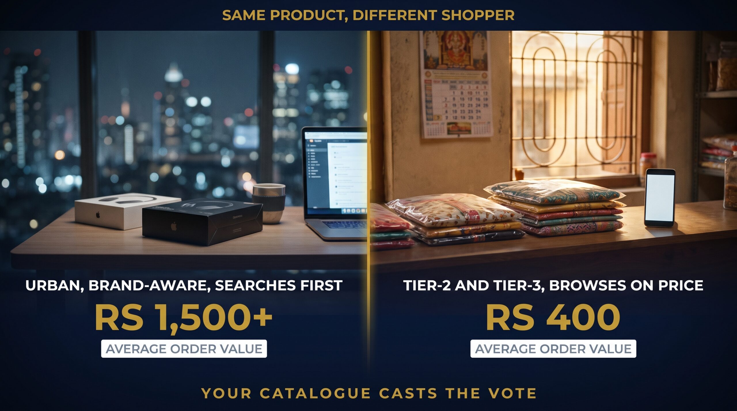 Split-screen comparison of Amazon and Meesho buyer profiles and average order values