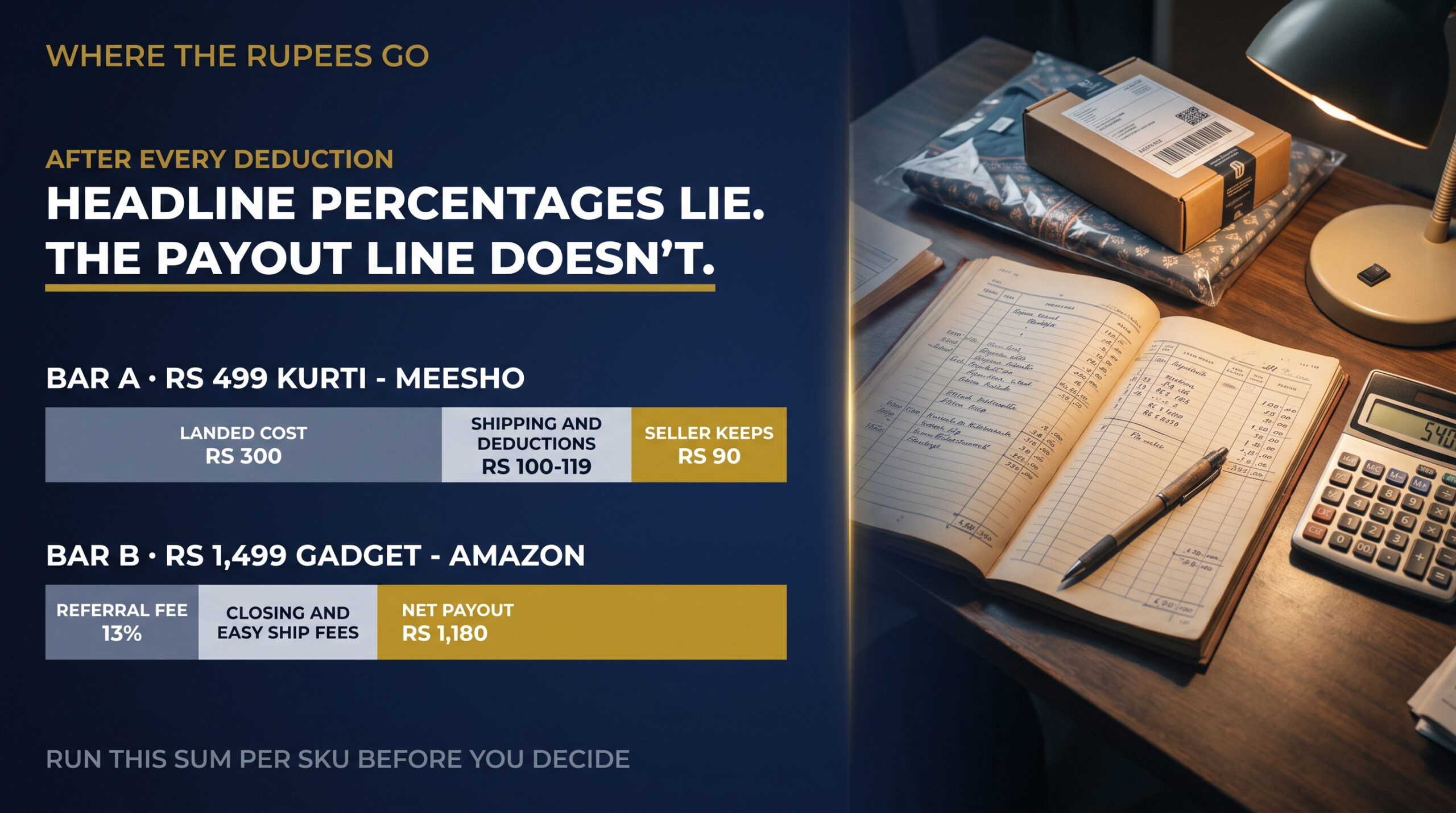 Payout breakdown comparing a Rs 499 kurti and a Rs 1,499 gadget after fees