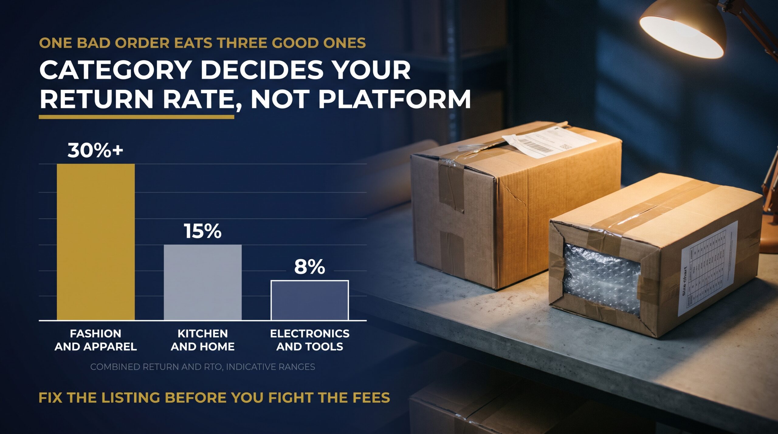 Chart comparing return and RTO rates across fashion, kitchen and electronics categories