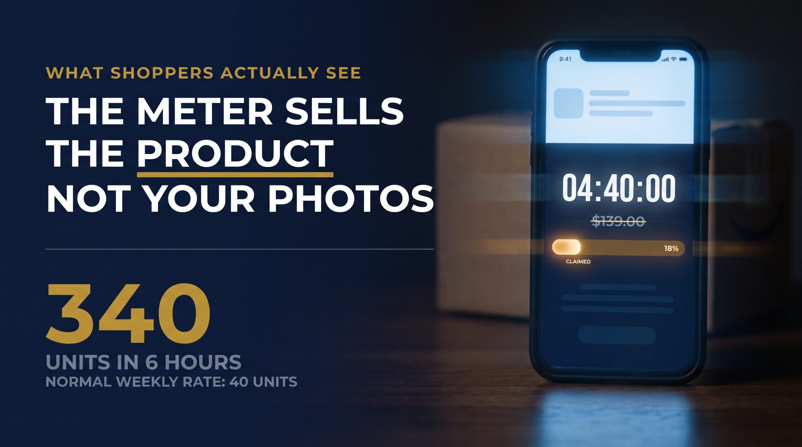 Phone showing a live deal countdown timer and claimed meter with a stat on impulse urgency