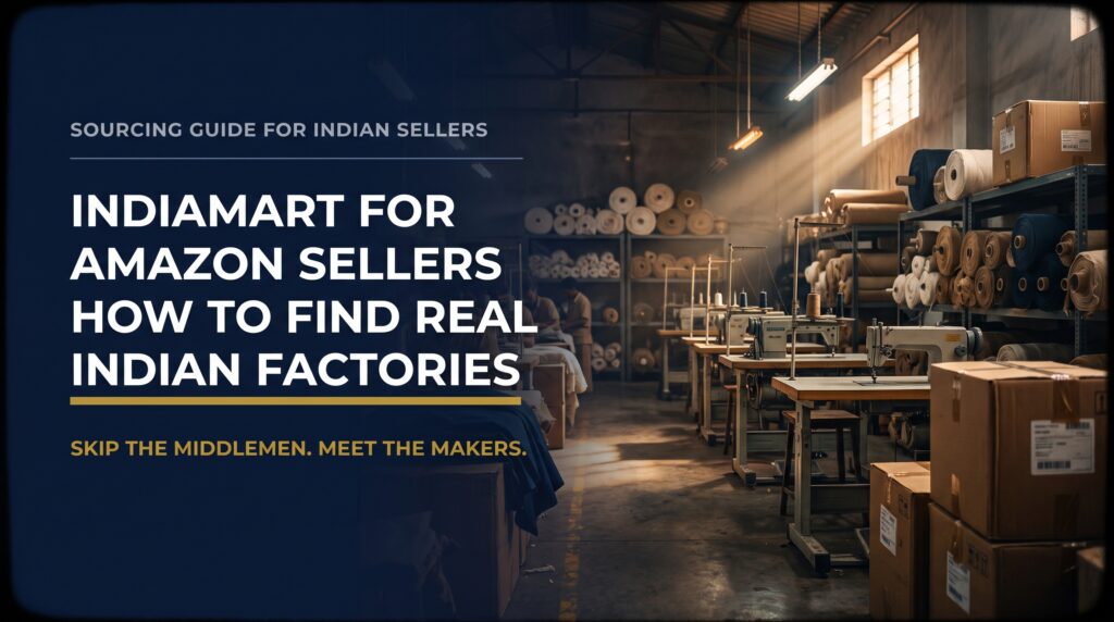 Title card for a guide on using IndiaMART to find real Indian factories for Amazon selling